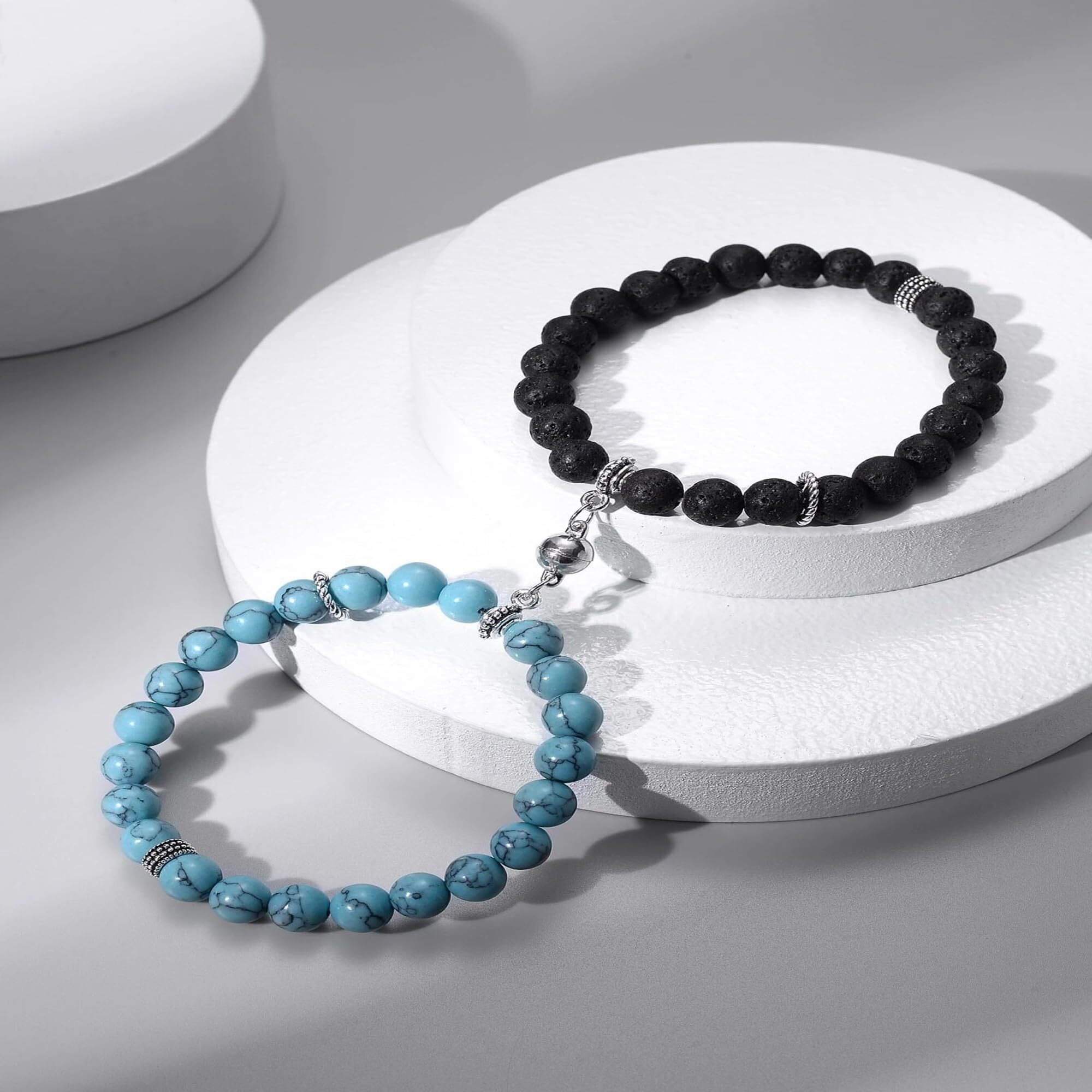 Fashion Frill Couple Bracelets Aqua & Black Natural Stone Onyx Stretchable Magnetic Bracelet For Women Men Boys Girls Love Gifts Friendship Promise Bracelets Jewellery