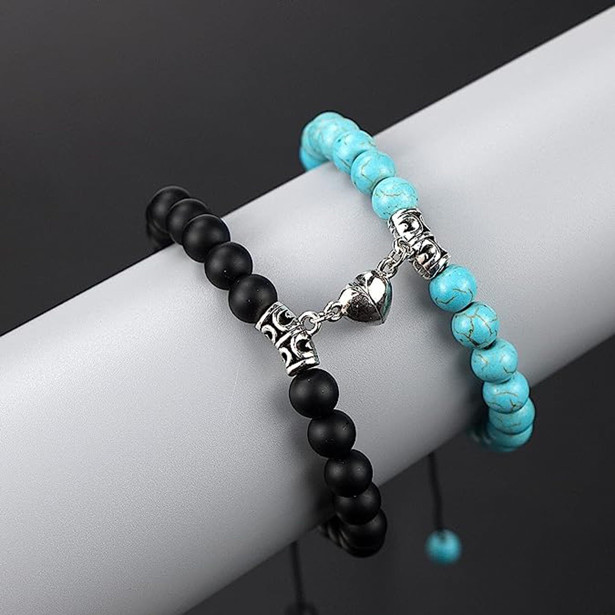Fashion Frill Couple Bracelets Aqua & Black Natural Stone Onyx Stretchable Magnetic Bracelet For Women Men Boys Girls Love Gifts Friendship Promise Bracelets Jewellery