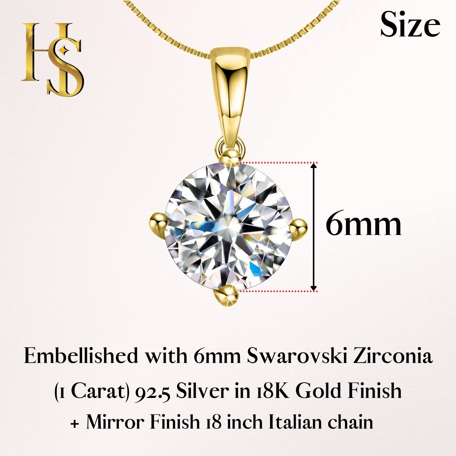 HighSpark 925 Silver Solitaire Pendant with Chain in Gold Finish | 92.5 Sterling Silver & Diamond like Brilliance Sparkling Zirconia for that Stunning Shine | Lovely Gift - Gold 6mm