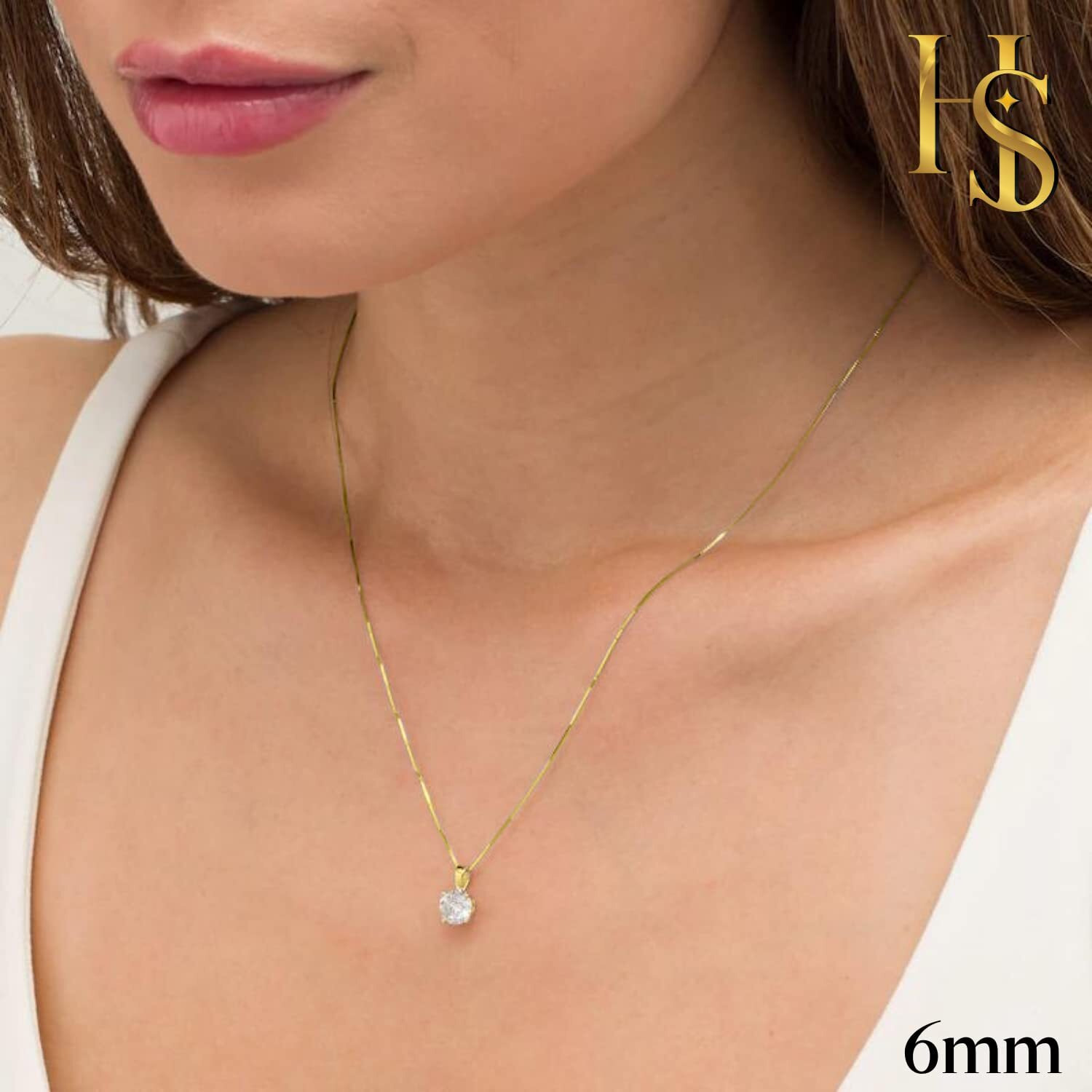 HighSpark 925 Silver Solitaire Pendant with Chain in Gold Finish | 92.5 Sterling Silver & Diamond like Brilliance Sparkling Zirconia for that Stunning Shine | Lovely Gift - Gold 6mm