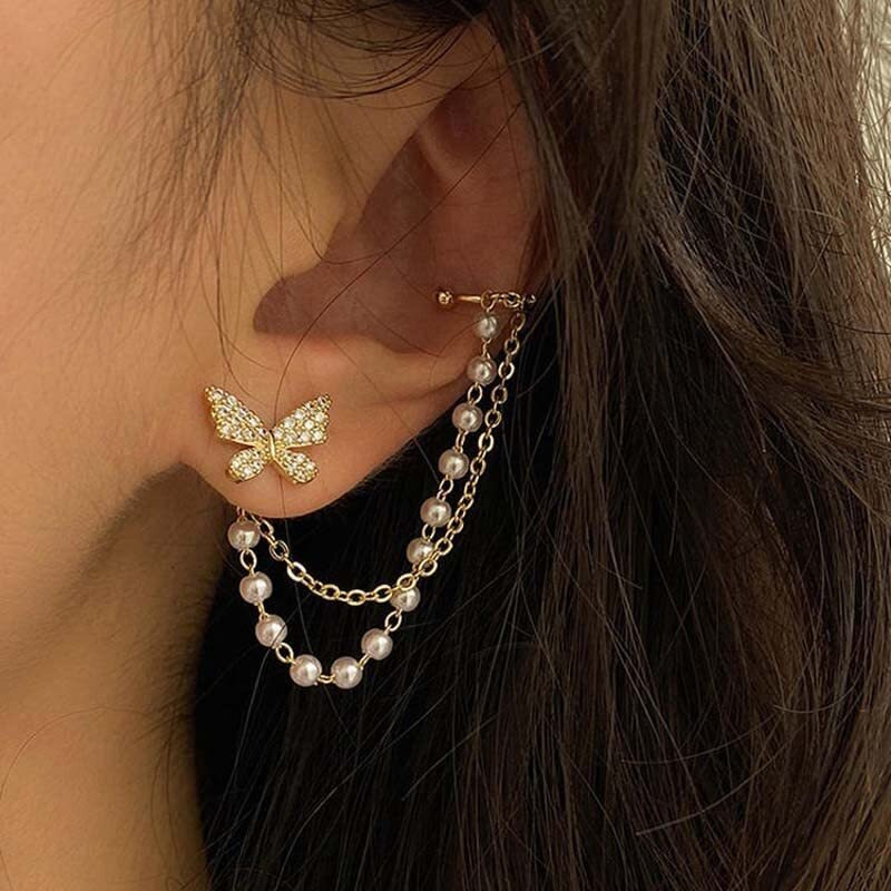 Fashion Frill Adorable Butterfly Ear Cuff Crawler Ad Gold Plated Pearl Chain Drop Stud Earrings For Girls Women Stylish Latest Fancy Earring Gift for sister