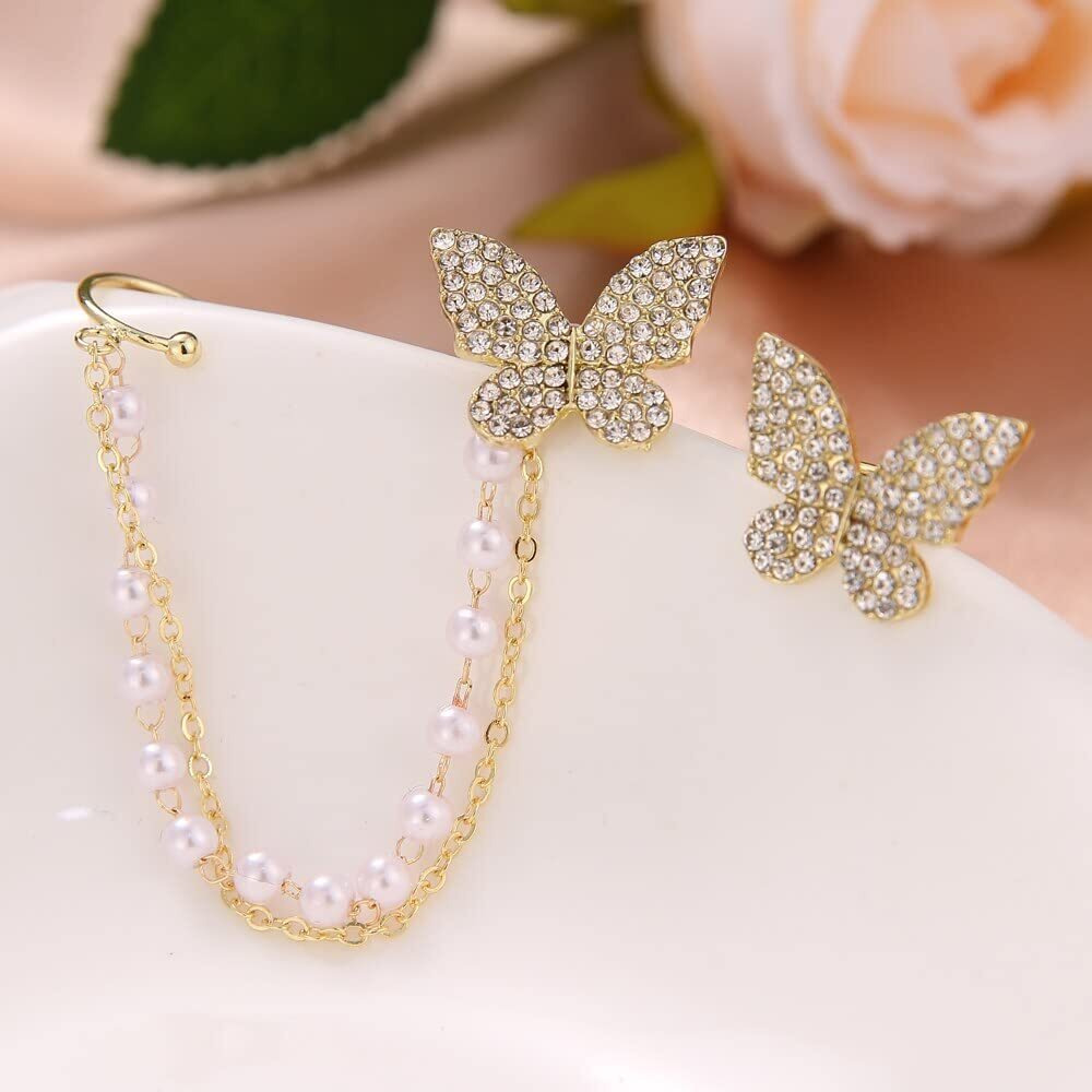 Fashion Frill Adorable Butterfly Ear Cuff Crawler Ad Gold Plated Pearl Chain Drop Stud Earrings For Girls Women Stylish Latest Fancy Earring Gift for sister