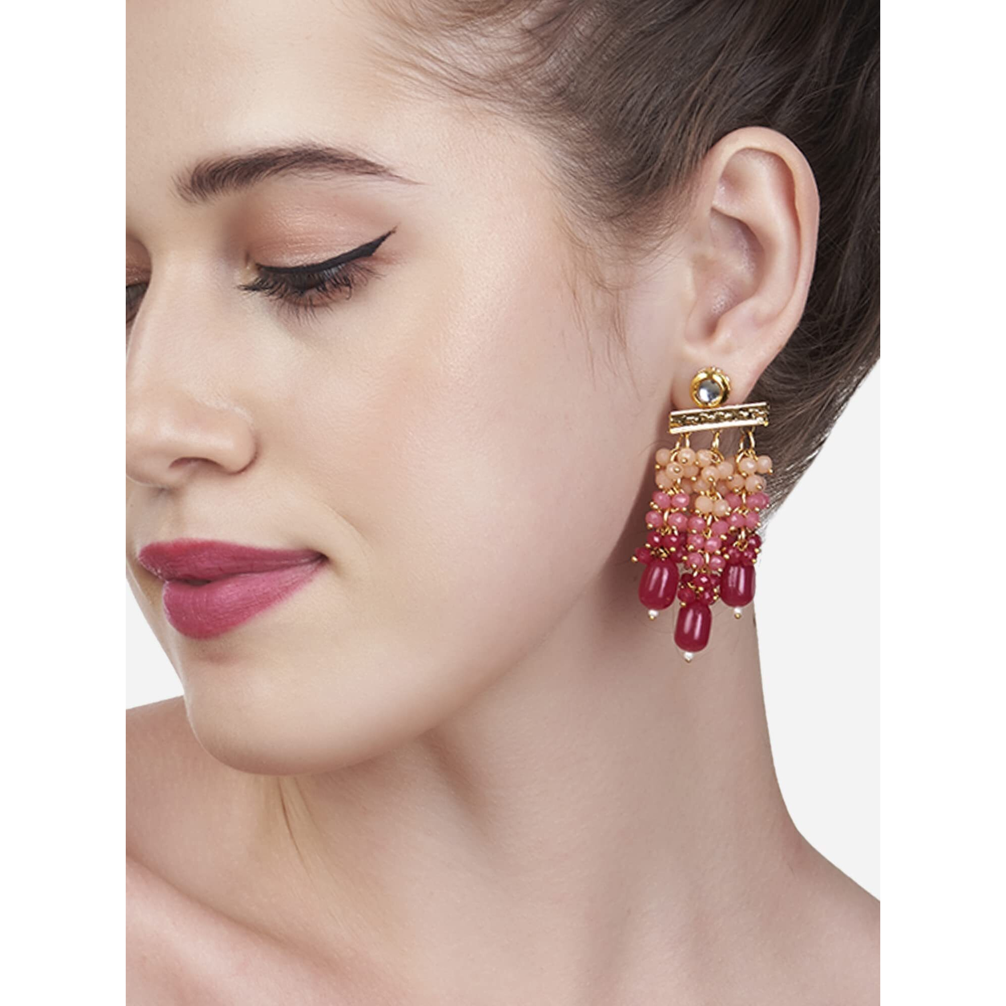 Zaveri Pearls Pink Cluster Beads Drop Kundan Dangle Yellow Gold Earring For Women-ZPFK13728
