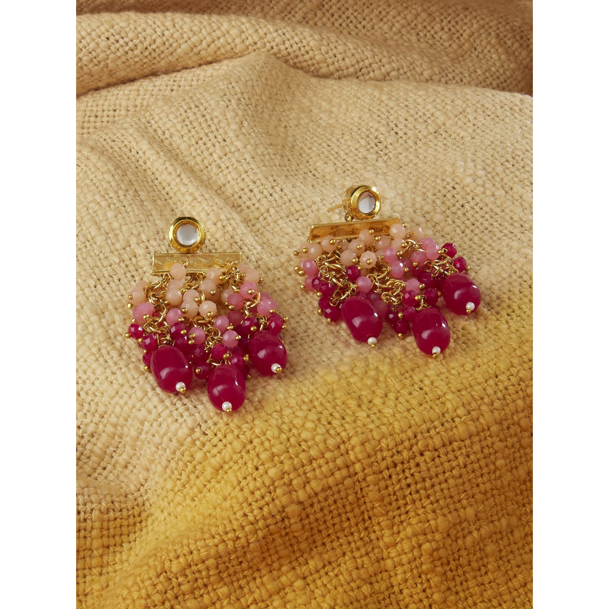 Zaveri Pearls Pink Cluster Beads Drop Kundan Dangle Yellow Gold Earring For Women-ZPFK13728