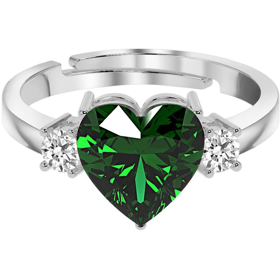 Clara 925 Sterling Silver Dark Green Heart Ring with Adjustable Band | Rhodium Plated, Swiss Zirconia | Gift for Women & Girls