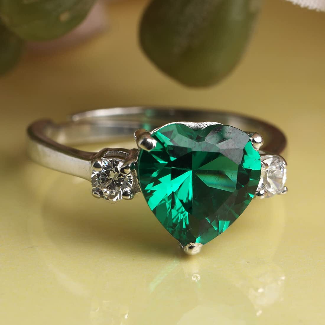 Clara 925 Sterling Silver Dark Green Heart Ring with Adjustable Band | Rhodium Plated, Swiss Zirconia | Gift for Women & Girls