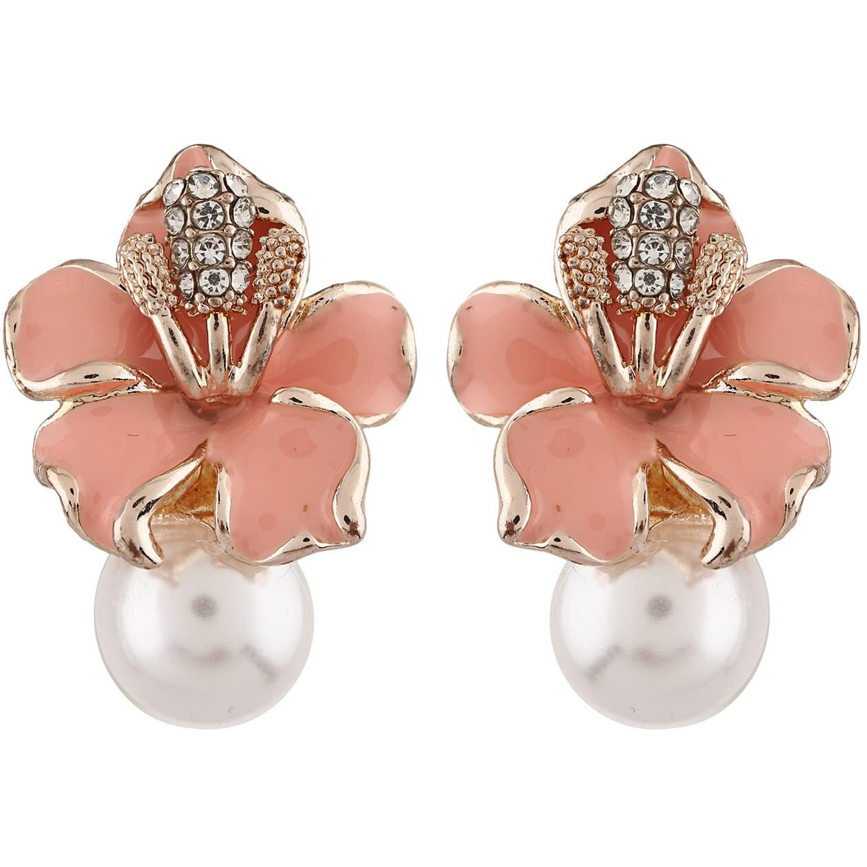 Shining Diva Fashion Latest Stylish Western Crystal Pearl Gold Plated Stud Earrings for Women (rrsd11821er), Peach