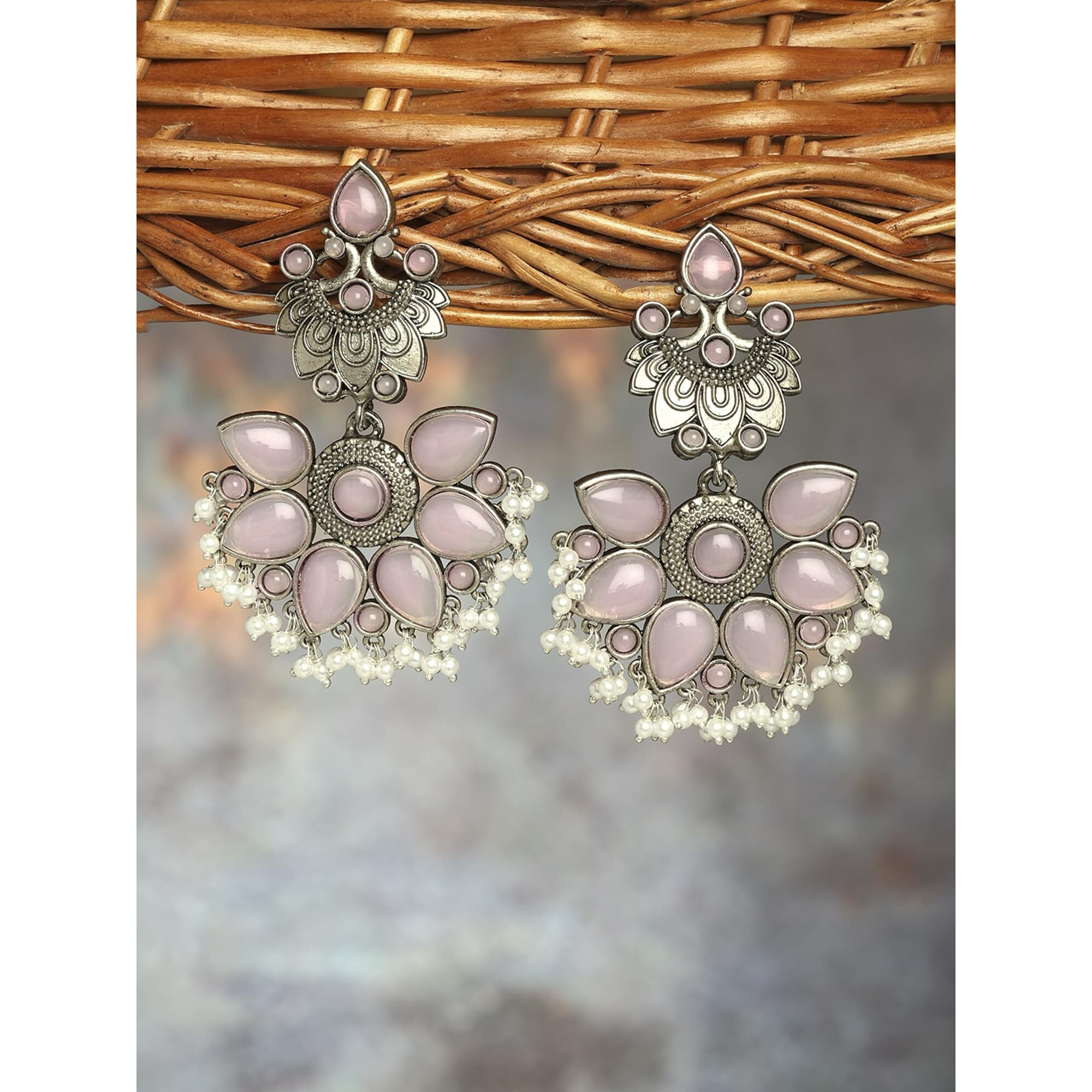 Zaveri Pearls Pink Silver Oxidised Stones & Beads Traditional Dangle Earring For Women-ZPFK16702
