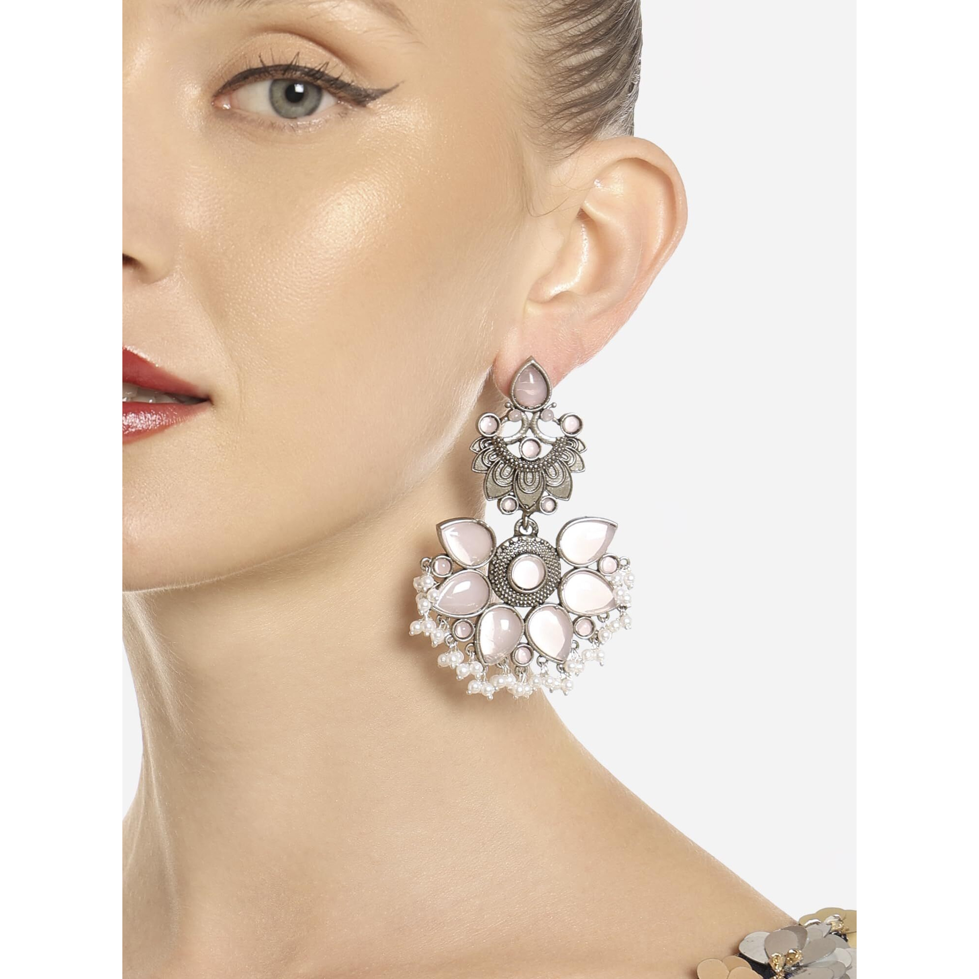 Zaveri Pearls Pink Silver Oxidised Stones & Beads Traditional Dangle Earring For Women-ZPFK16702
