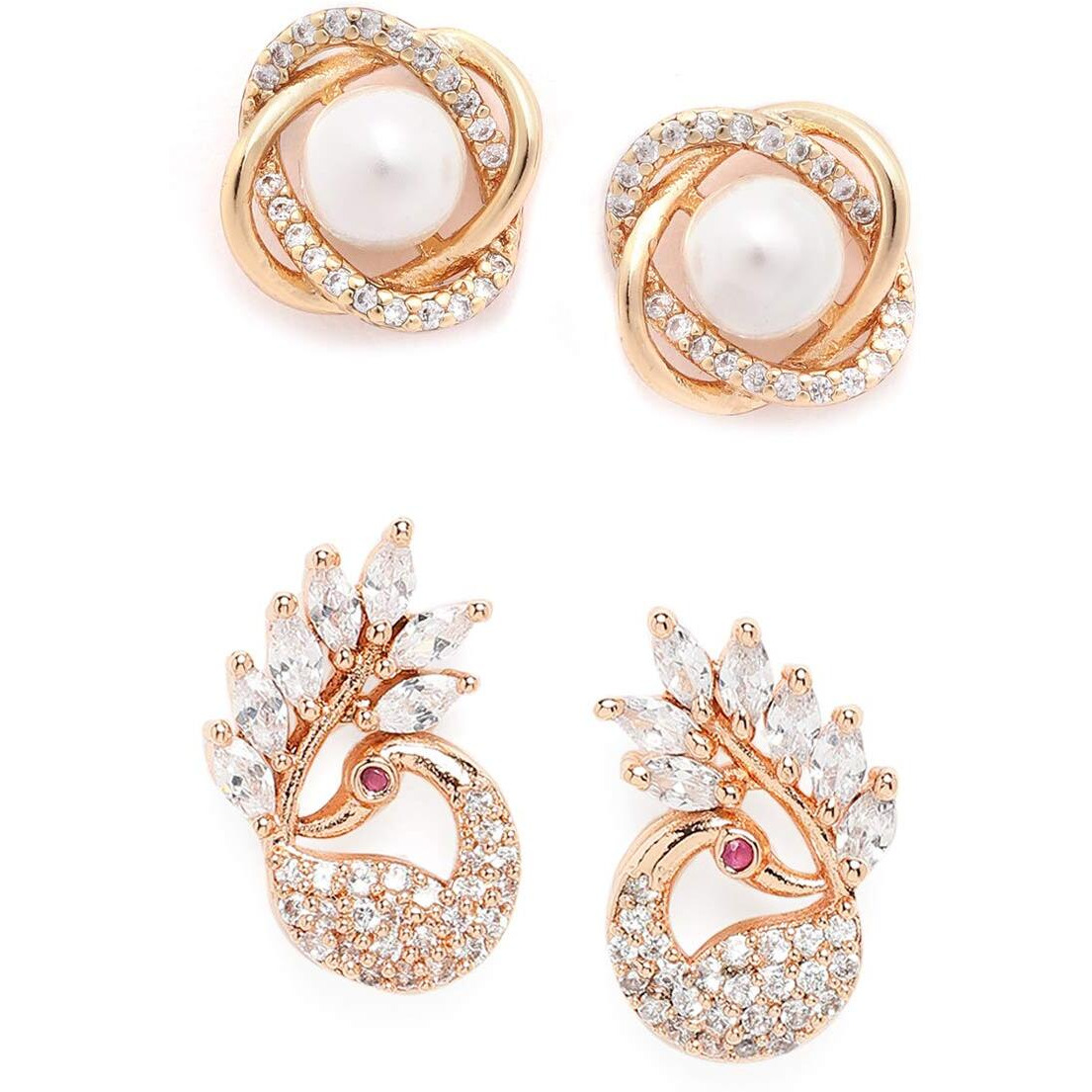 Zaveri Pearls Combo of 2 RoseGold Cubic Zirconia Brass Stud Earrings-ZPFK10218