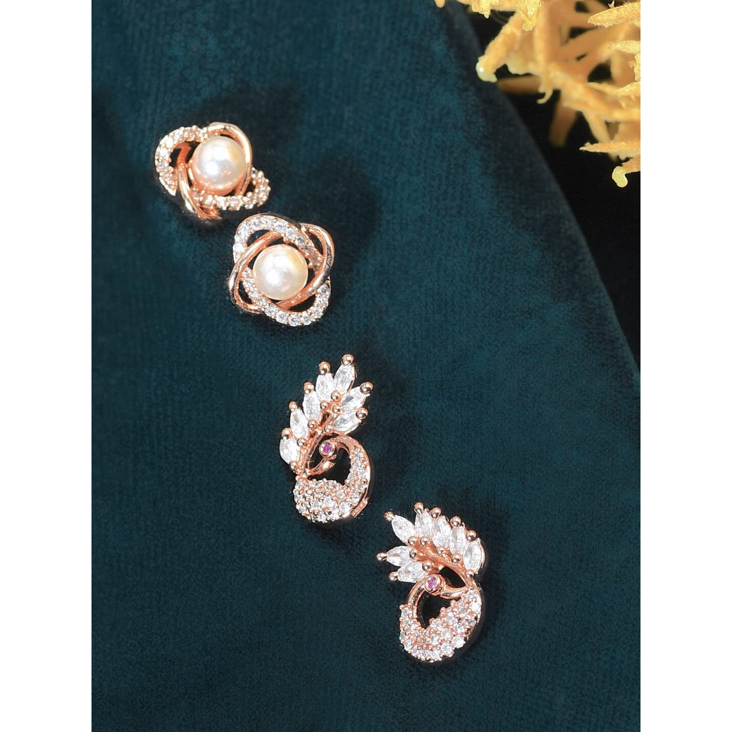 Zaveri Pearls Combo of 2 RoseGold Cubic Zirconia Brass Stud Earrings-ZPFK10218
