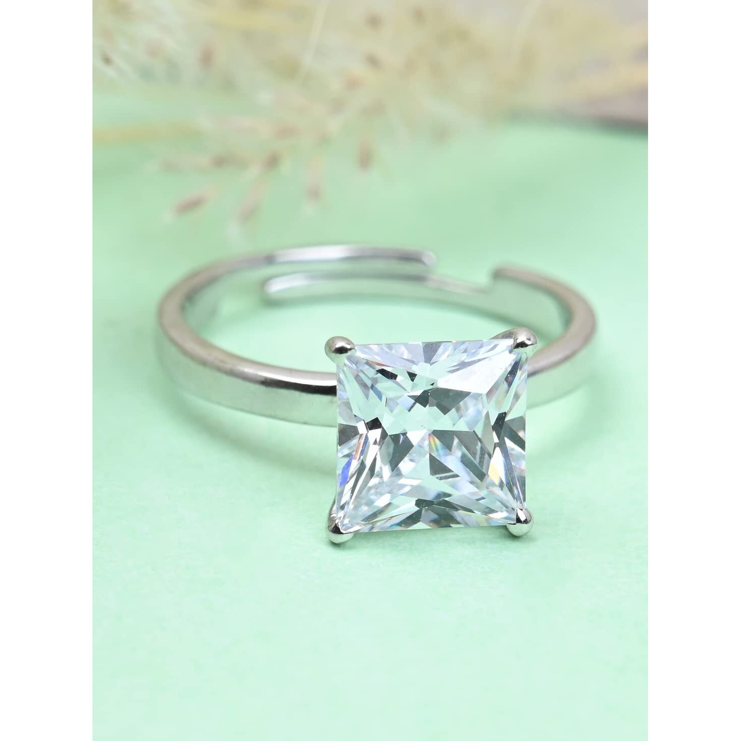 Clara Pure 925 Sterling Silver Princess Solitaire Finger Ring with Adjustable Band | Gift for Women Girls Wife Girlfriend | Swiss Zircon Rhodium Plated