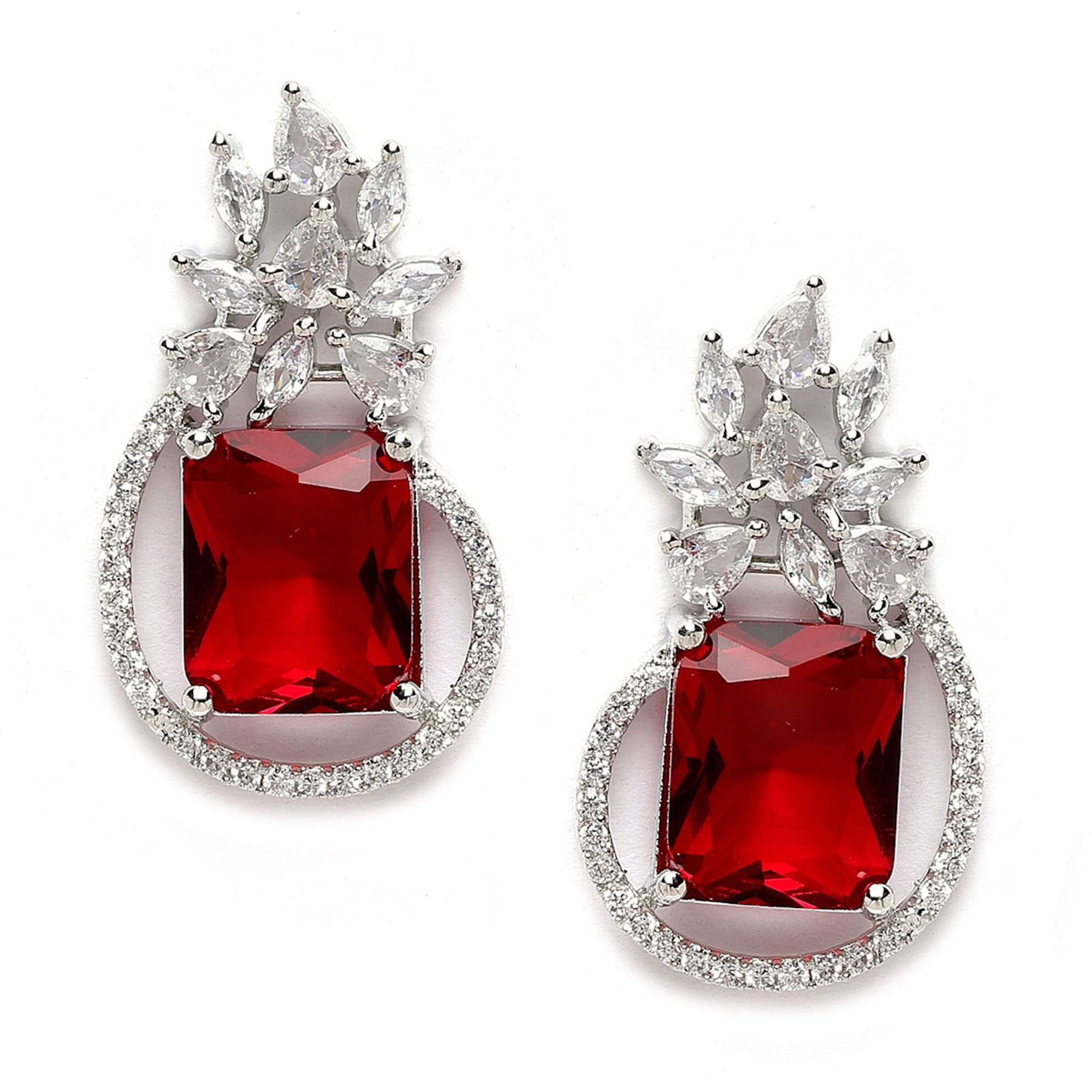 ZENEME Rhodium-Plated American Diamond studded Paisley Shaped Studs Earrings For Women & Girls