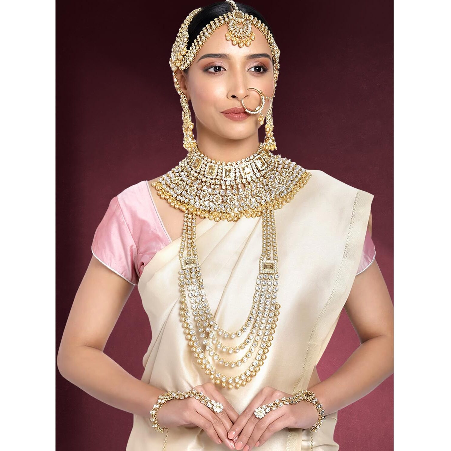 Peora Ethnic Indian Traditional Gold Plated Kundan Dulhan Bridal Jewellery Set with Choker Earrings Maang Tikka Hathphool for Women Girls