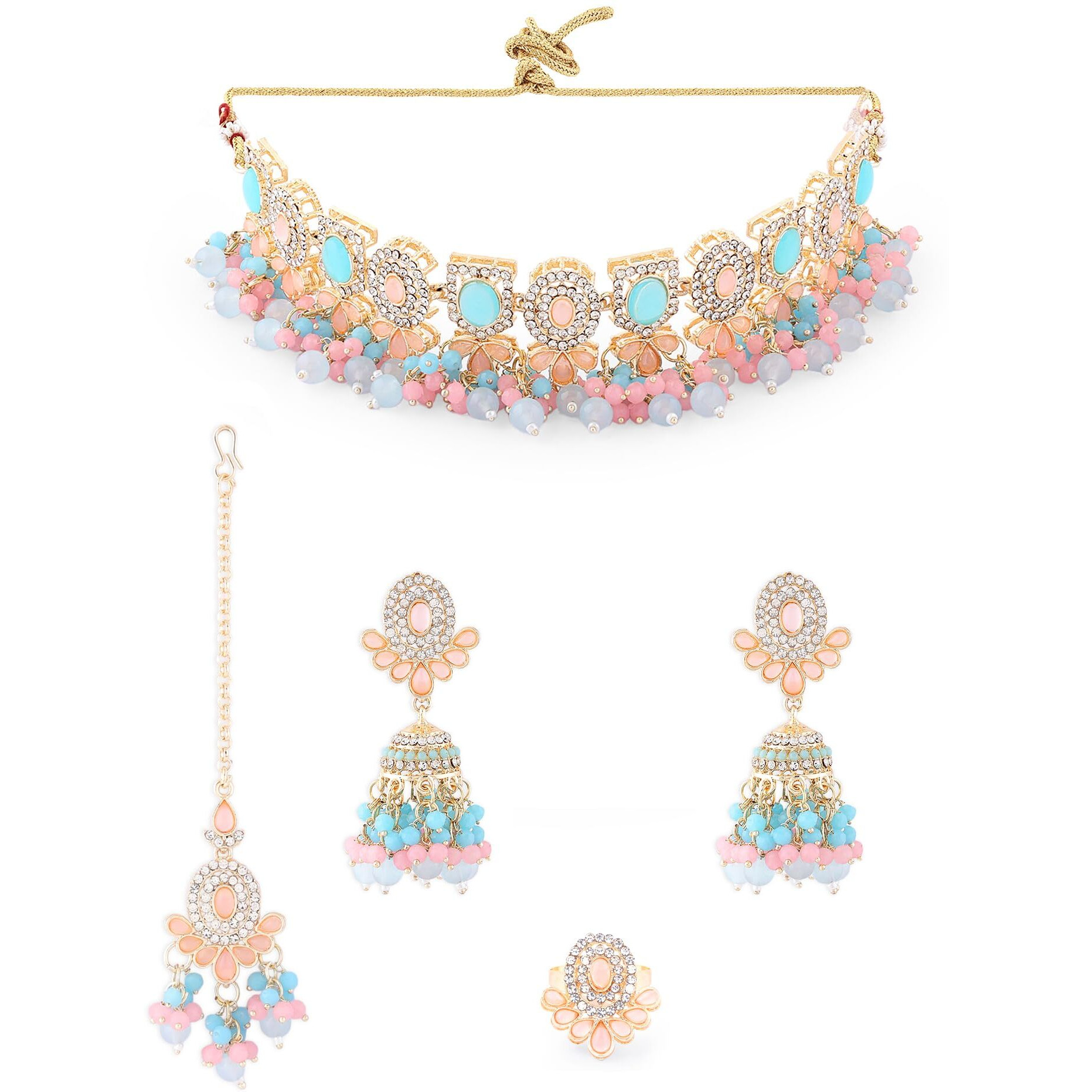 ZAVERI PEARLS Turquoise Blue Pink Stones Beads Choker Necklace Earring Maangtikka Ring Set For Women -ZPFK16166