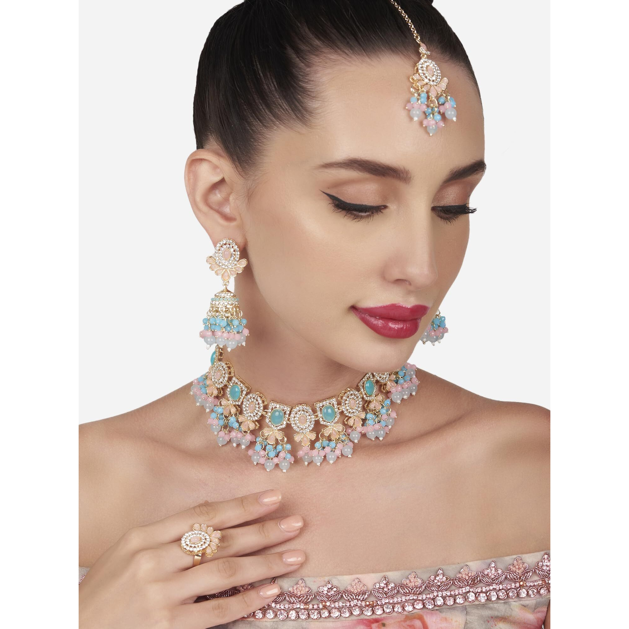 ZAVERI PEARLS Turquoise Blue Pink Stones Beads Choker Necklace Earring Maangtikka Ring Set For Women -ZPFK16166