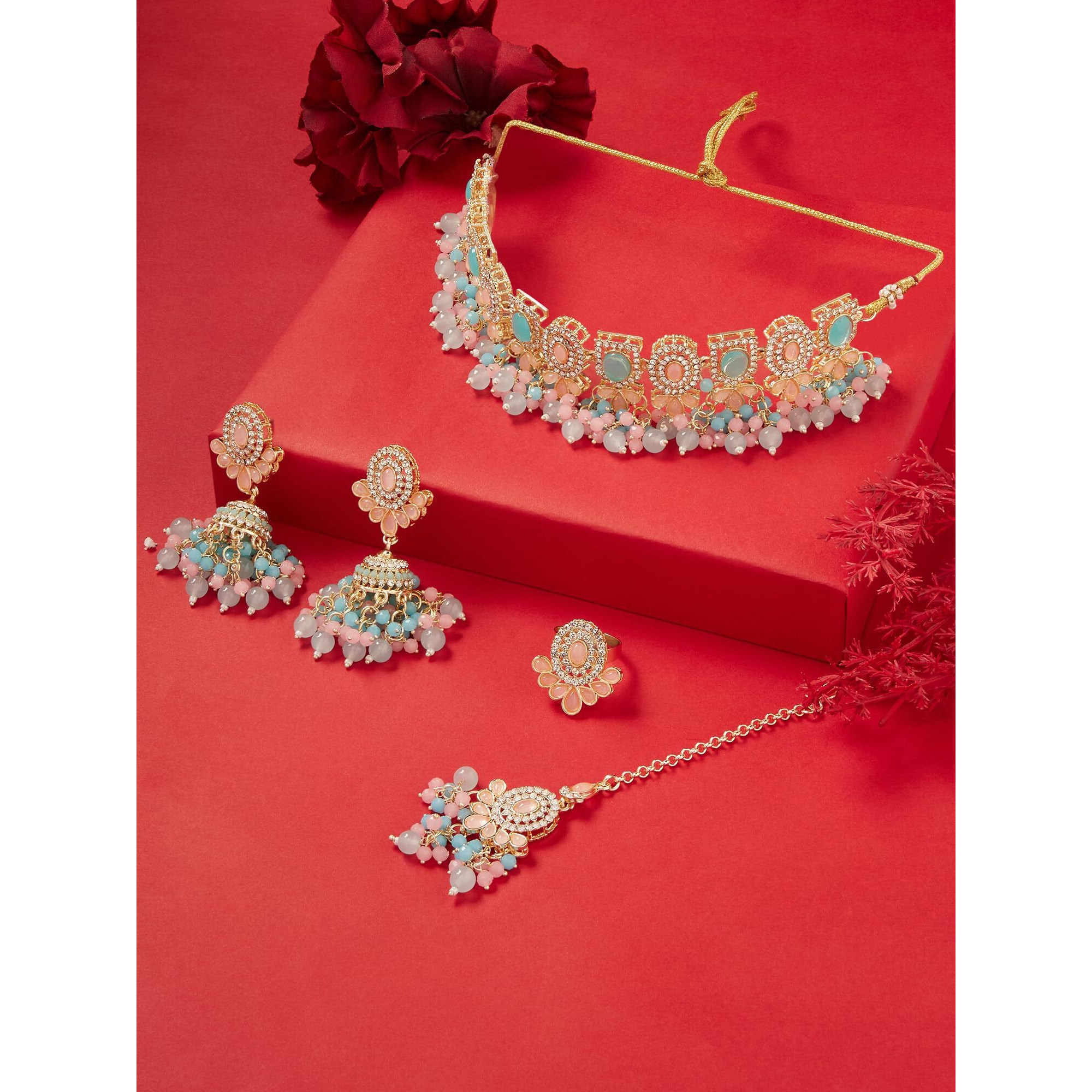 ZAVERI PEARLS Turquoise Blue Pink Stones Beads Choker Necklace Earring Maangtikka Ring Set For Women -ZPFK16166
