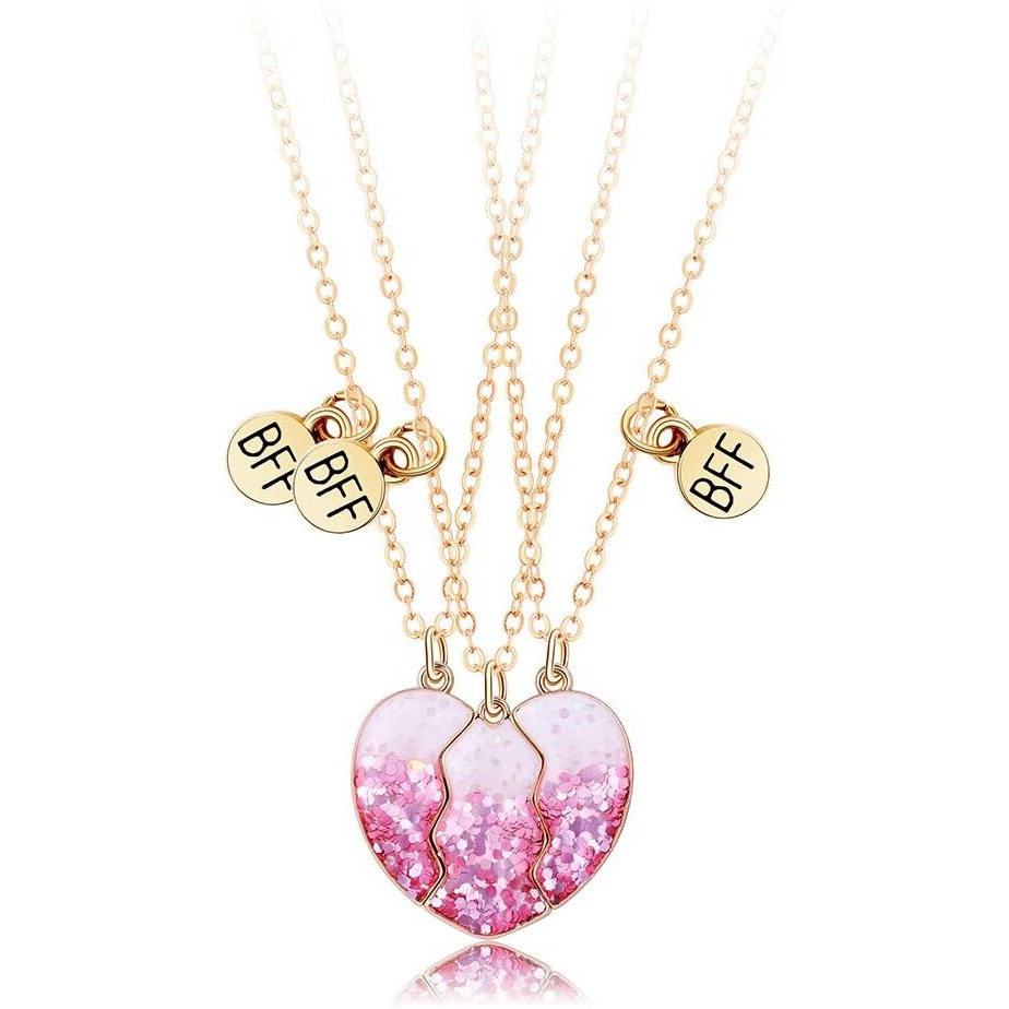 ZIBUYU Best Friend Necklace for Girls Stylish Heart Pendants for Best Friend Gift Necklace for 3 Girls Friendship Pendant for Girls Matching Heart BFF Necklace for Friendship, Sisters, (Pink) - 3 Pcs