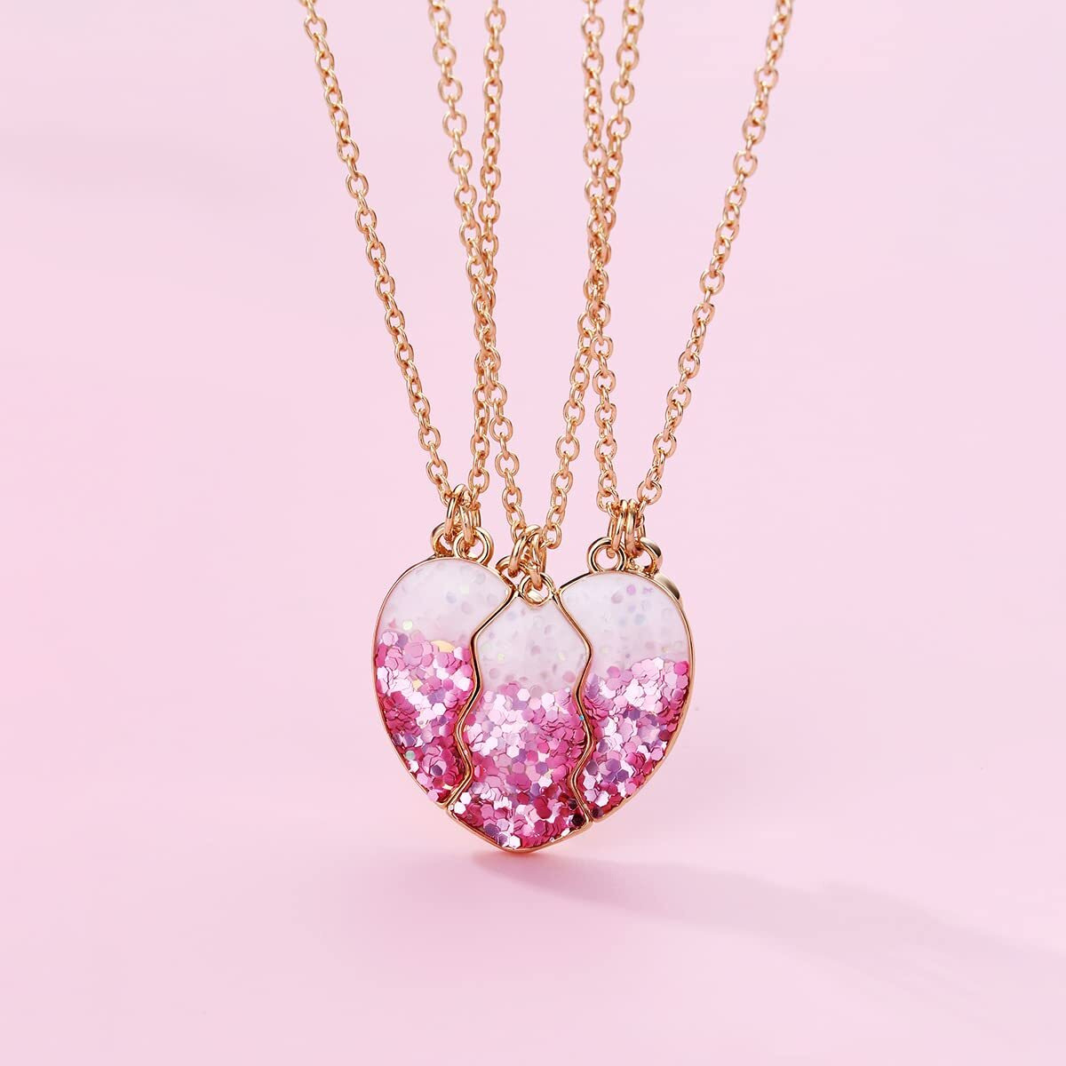 ZIBUYU Best Friend Necklace for Girls Stylish Heart Pendants for Best Friend Gift Necklace for 3 Girls Friendship Pendant for Girls Matching Heart BFF Necklace for Friendship, Sisters, (Pink) - 3 Pcs