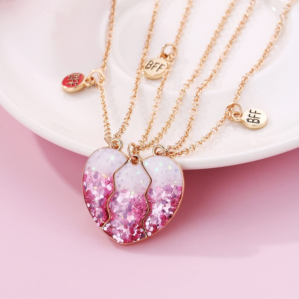 ZIBUYU Best Friend Necklace for Girls Stylish Heart Pendants for Best Friend Gift Necklace for 3 Girls Friendship Pendant for Girls Matching Heart BFF Necklace for Friendship, Sisters, (Pink) - 3 Pcs