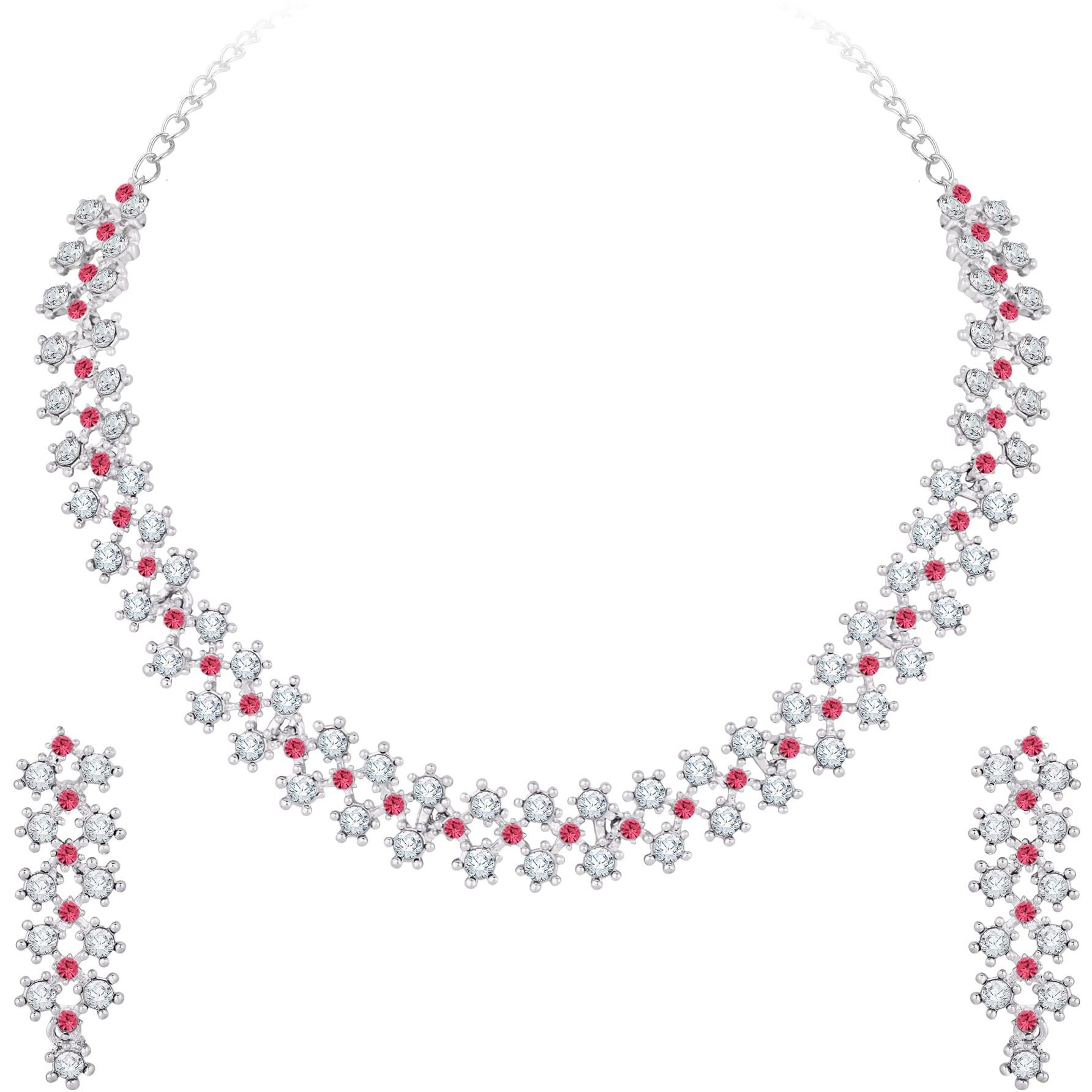 Atasi International Silver Plated Pink Stones/AD Diamond Necklace with Earrings - Jewellery Set for Women, Girls Best Suits for Party, Wedding and Festive Occasions (RPB5552)
