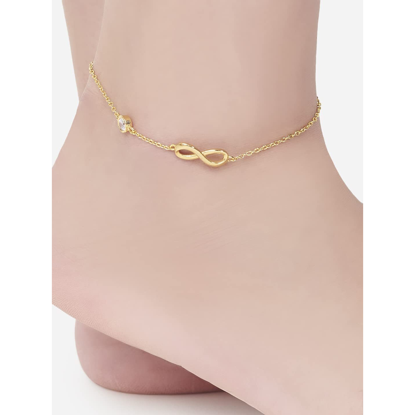 MINUTIAE Infinity Shape Anklet With Solitaire Crystal Diamonds Painjan Payal Leg Chain Foot Jewellery For Women and Girls (Gold)