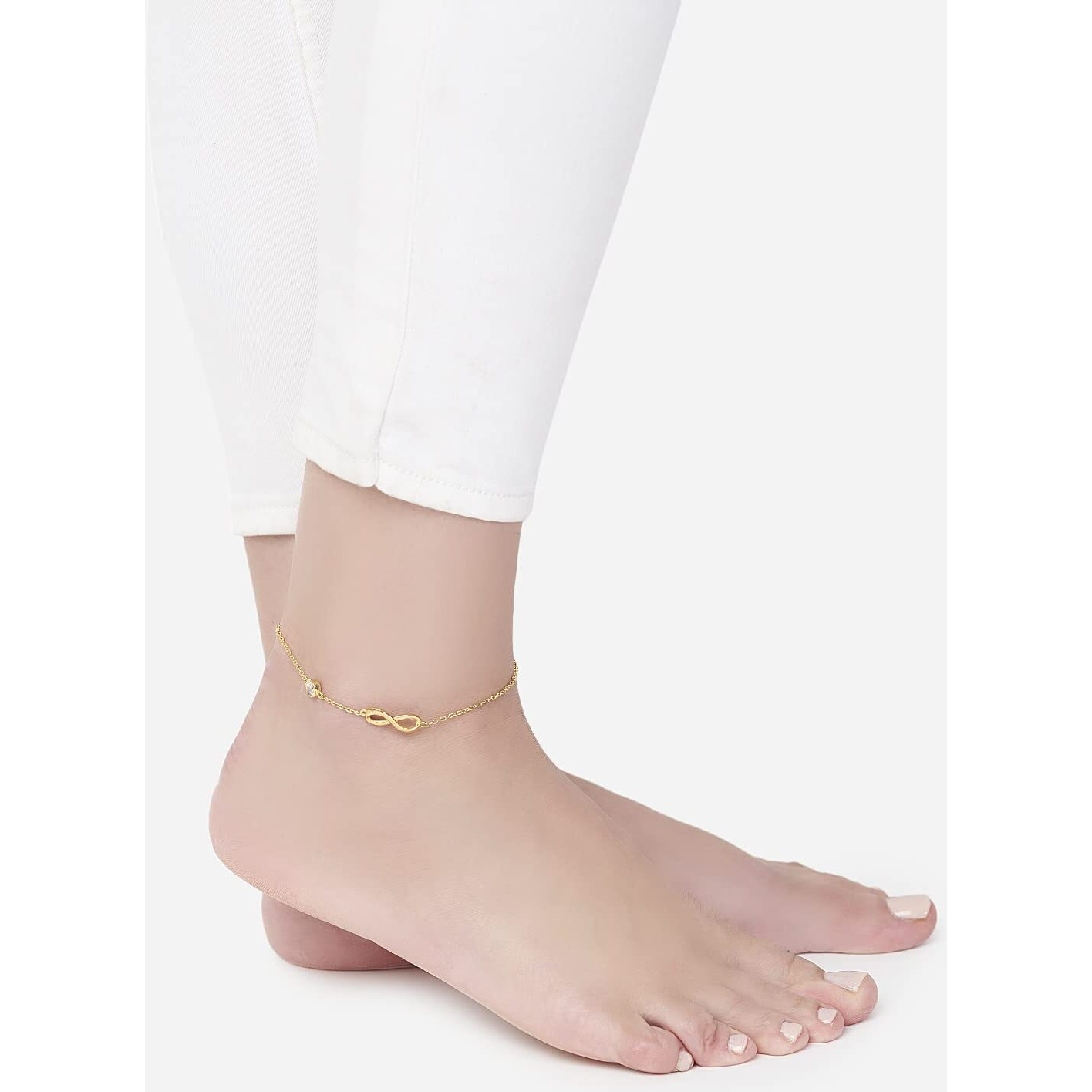 MINUTIAE Infinity Shape Anklet With Solitaire Crystal Diamonds Painjan Payal Leg Chain Foot Jewellery For Women and Girls (Gold)