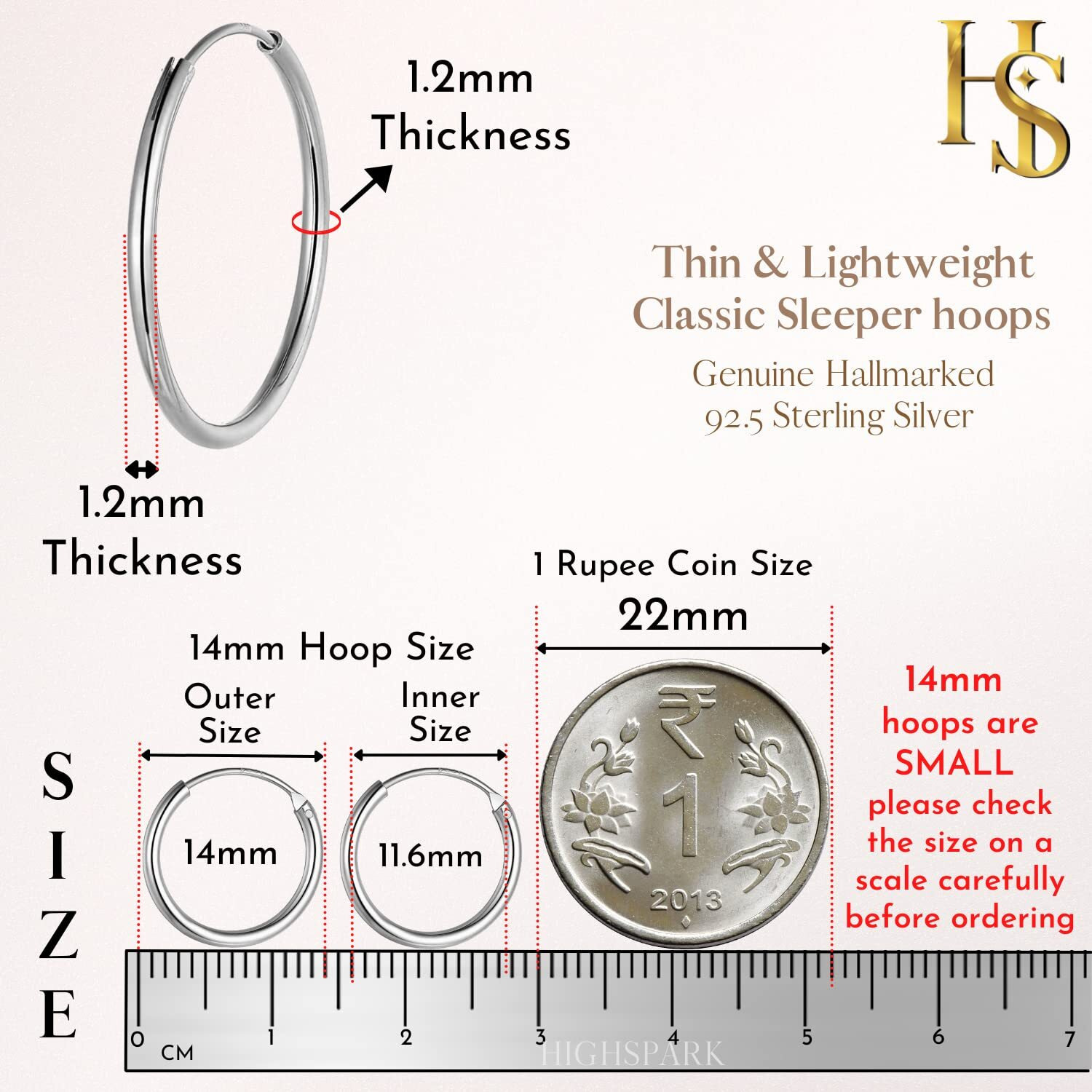 HIGHSPARK 925 Silver Hoop Earrings | 92.5 Sterling Silver Round Classic Endless Hoops Sizes 10mm to 40mm | Lovely Gift for Men Women Boys & Girls - Silver 14mm