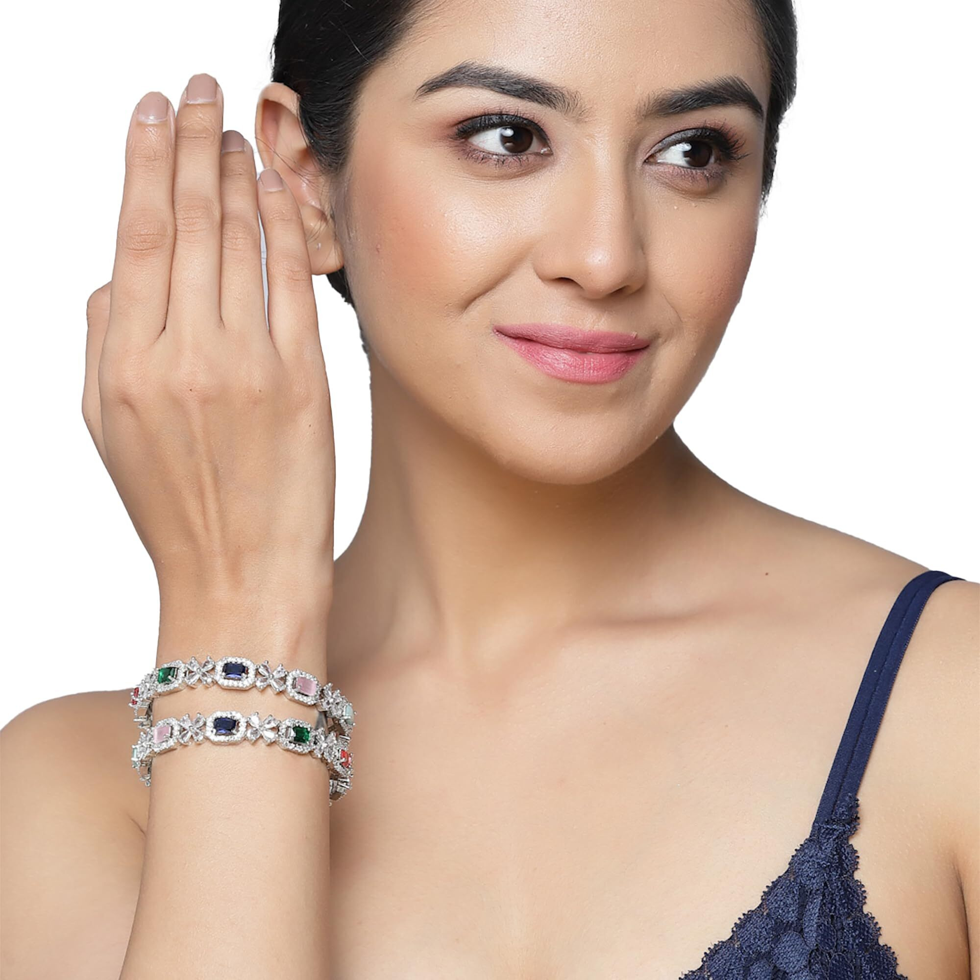 ZENEME Rhodium-Plated Silver Toned American Diamond Square Shaped studded Bangle Jewellery Set for Girls and Women (Set Of 2) (Design_04, 2.8)