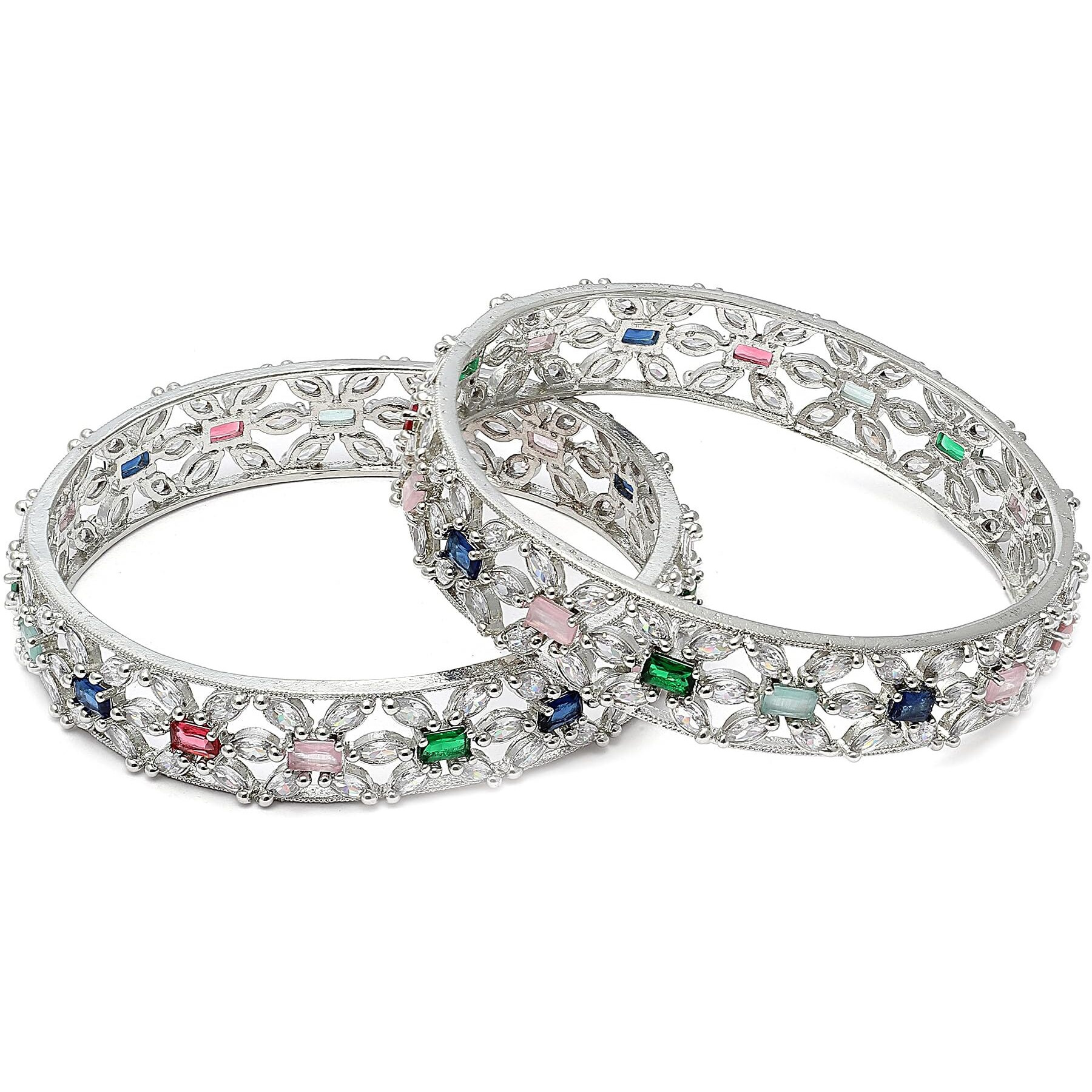 ZENEME Rhodium-Plated Silver Toned American Diamond Square Shaped studded Bangle Jewellery Set for Girls and Women (Set Of 2) (Design_03, 2.8)