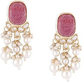 Zaveri Pearls Wine Color Stone Kundan Pearls Layer Yellow Gold Drop Earring For Women-ZPFK15441