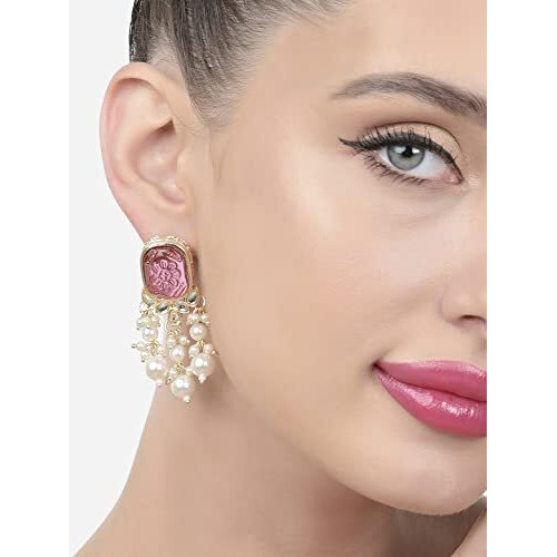 Zaveri Pearls Wine Color Stone Kundan Pearls Layer Yellow Gold Drop Earring For Women-ZPFK15441