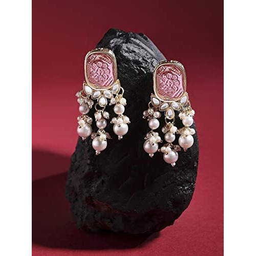 Zaveri Pearls Wine Color Stone Kundan Pearls Layer Yellow Gold Drop Earring For Women-ZPFK15441