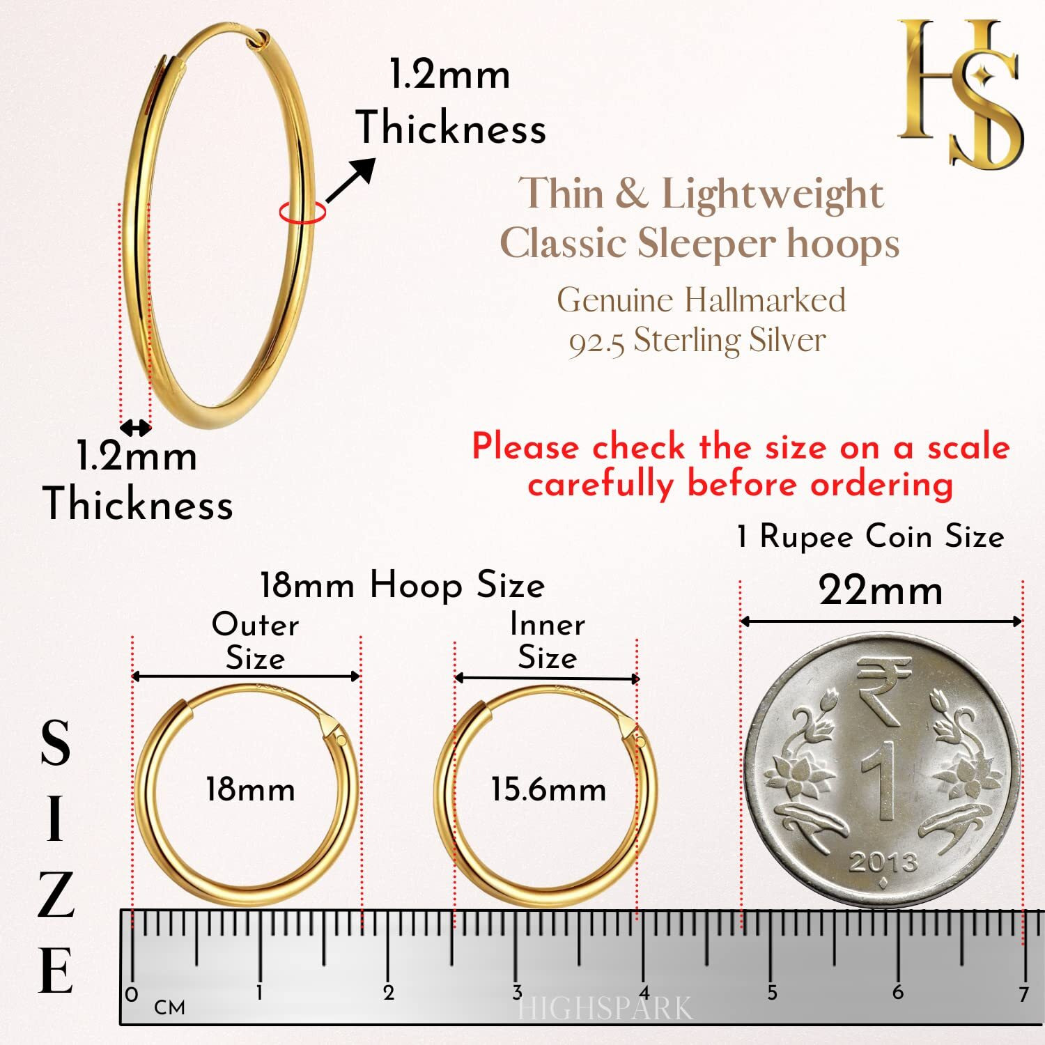 HIGHSPARK 925 Silver Hoop Earrings in Gold Finish | 92.5 Sterling Silver Round Classic Endless Hoops Sizes 10mm to 40mm | Lovely Gift for Men Women Boys & Girls - Gold 18mm