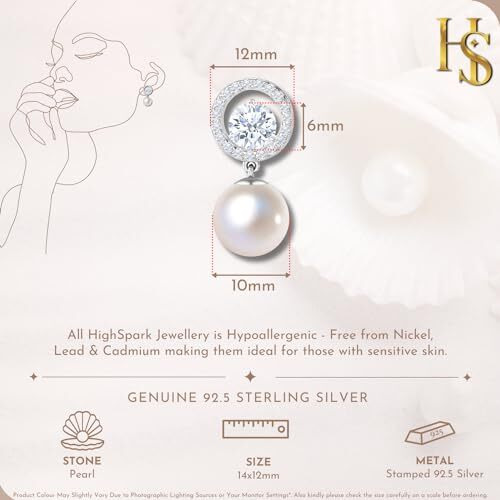 HIGHSPARK 925 Silver Solitaire Pearl Earrings | 92.5 Sterling Silver & Brilliant Lustre Pearls | Lovely Gift for Women & Girls - Pearl CZ 002