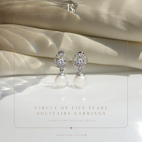 HIGHSPARK 925 Silver Solitaire Pearl Earrings | 92.5 Sterling Silver & Brilliant Lustre Pearls | Lovely Gift for Women & Girls - Pearl CZ 002