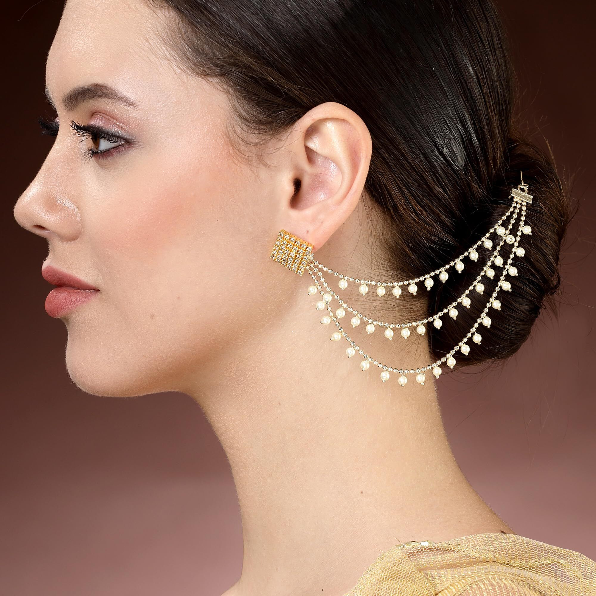 Zeneme Traditional Brass 18 K Gold Plated Wedding Jewellery Bahubali Inspired Long Chain Jhumki Earrings for Women and Girl (Silver Ear Chain 3 Layer)