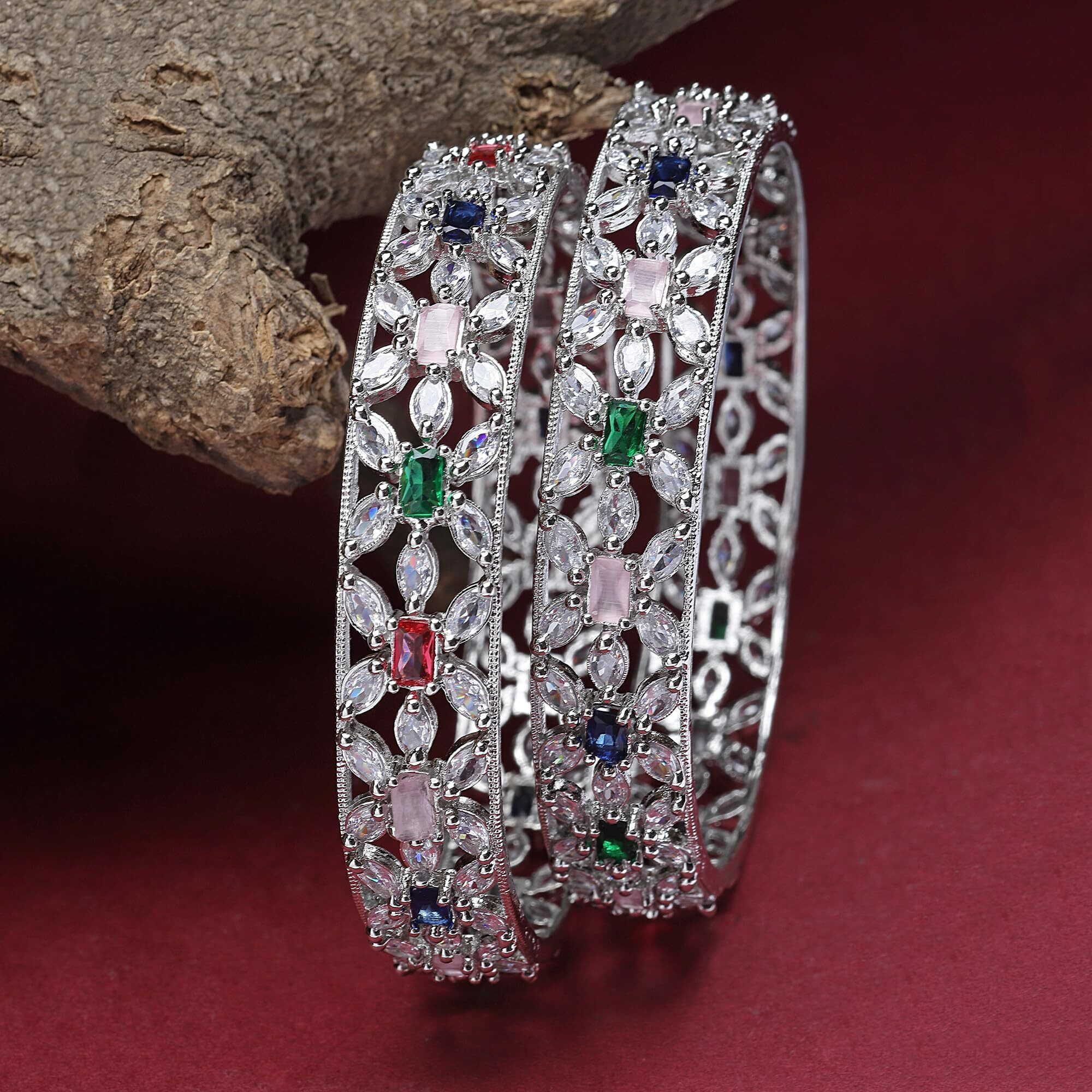 ZENEME Rhodium-Plated Silver Toned American Diamond Square Shaped studded Bangle Jewellery Set for Girls and Women (Set Of 2) (Design_03, 2.6)