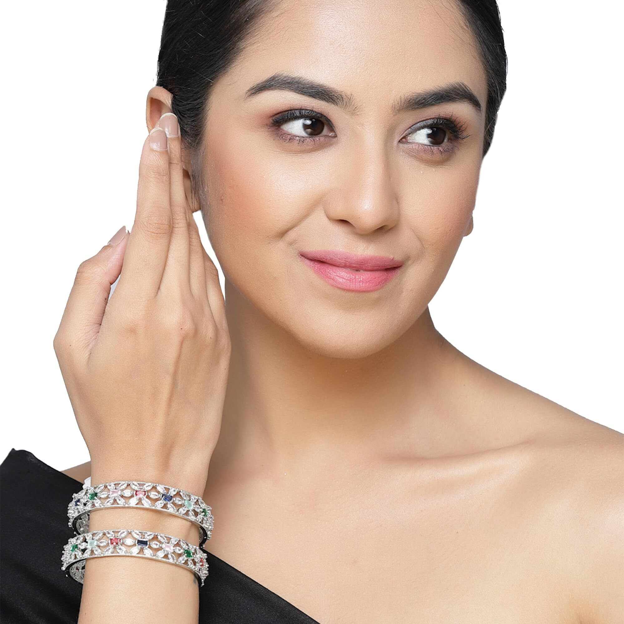 ZENEME Rhodium-Plated Silver Toned American Diamond Square Shaped studded Bangle Jewellery Set for Girls and Women (Set Of 2) (Design_03, 2.6)