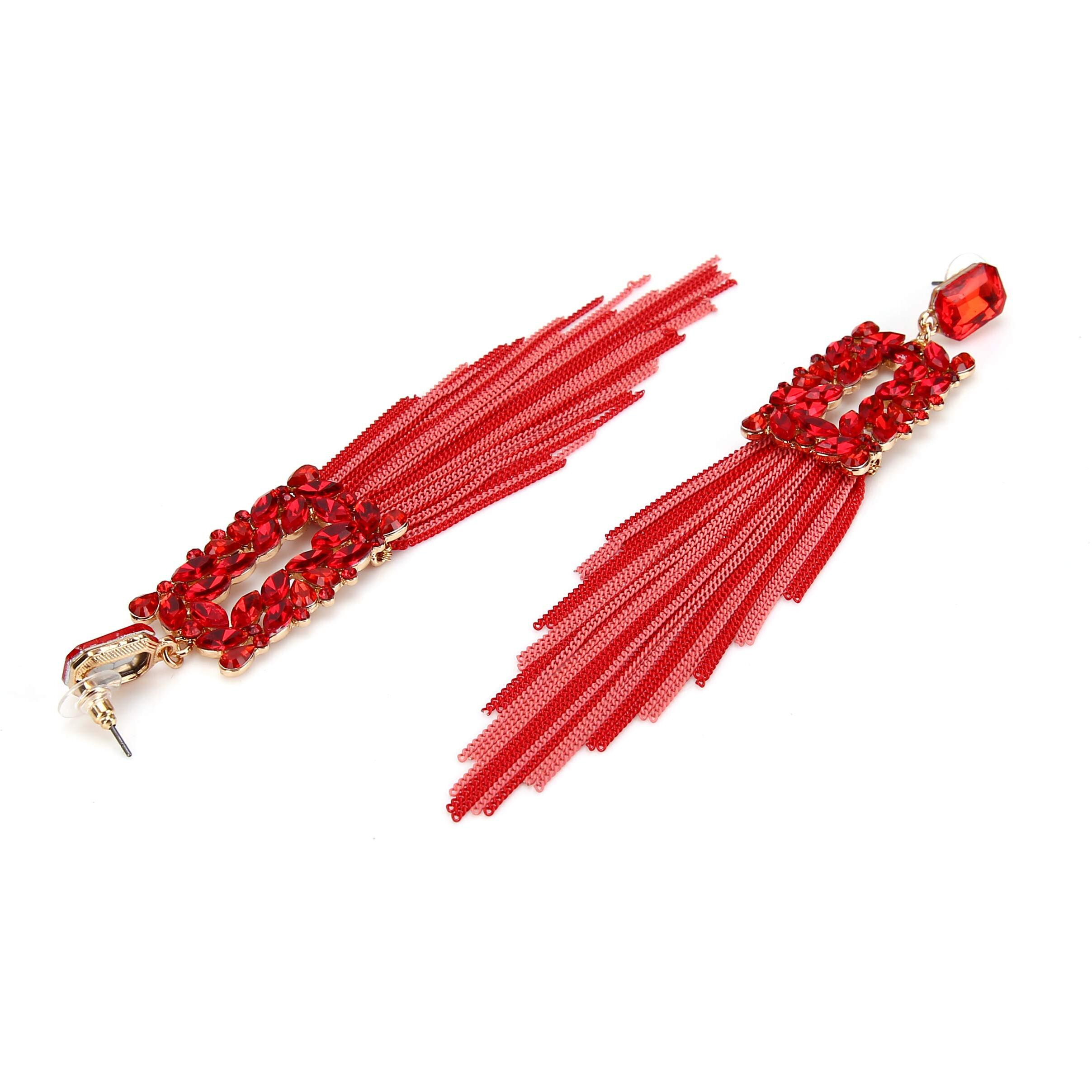 YouBella Jewellery Earings Crystal Tassel Handmade Earrings for Girls and Women (Red)