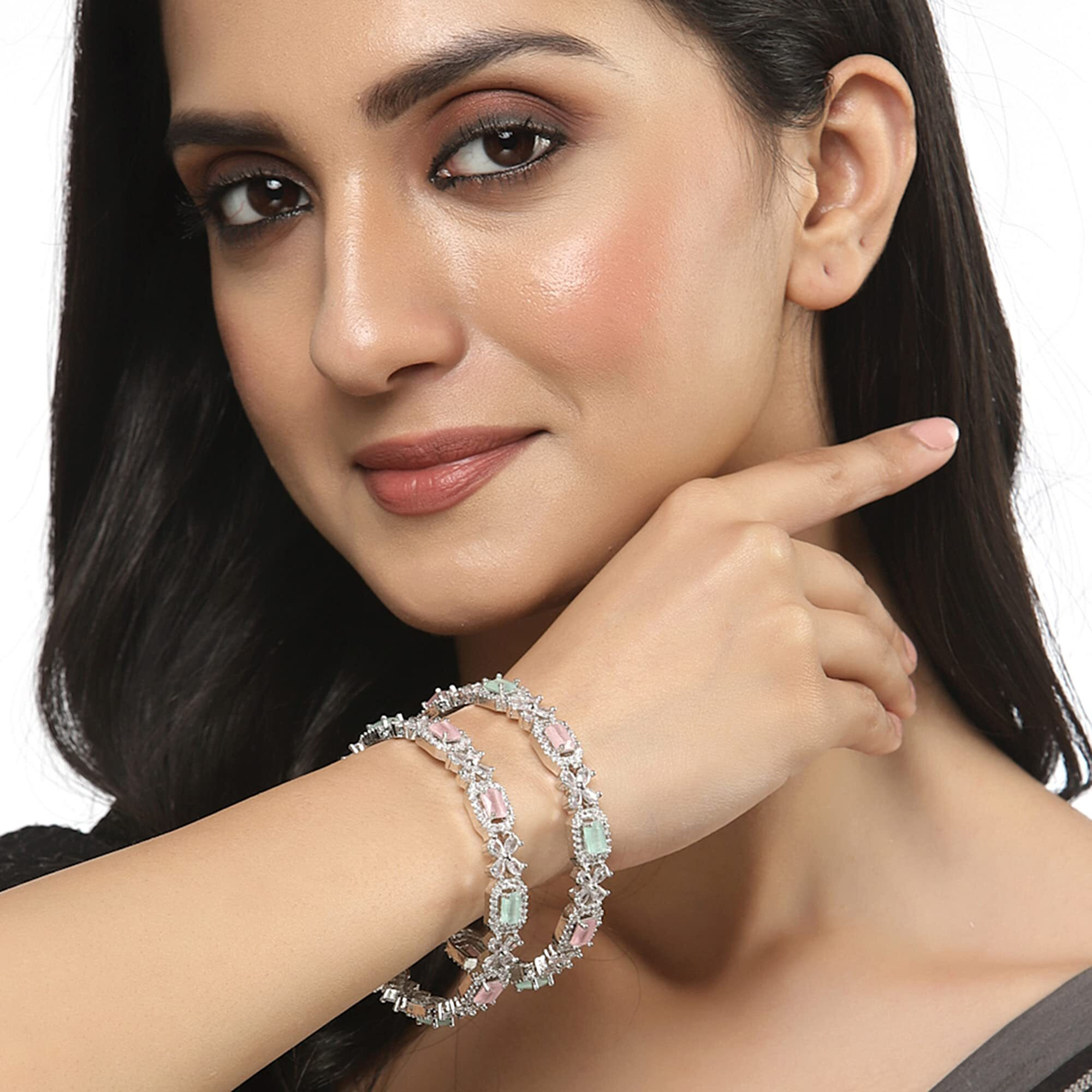 ZENEME Rhodium-Plated Silver Toned American Diamond Square Shaped studded Bangle Jewellery Set for Girls and Women (Set Of 2) (Design_01, 2.6)