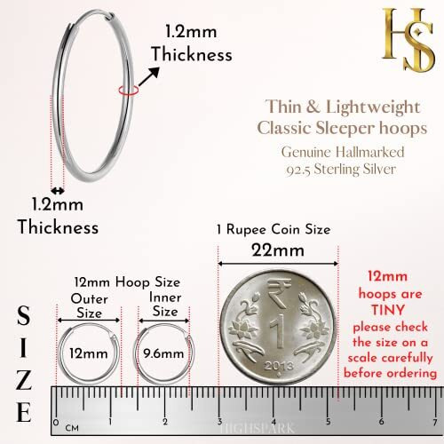 HIGHSPARK 925 Silver Hoop Earrings | 92.5 Sterling Silver Round Classic Endless Hoops Sizes 10mm to 40mm | Lovely Gift for Men Women Boys & Girls - Silver 12mm