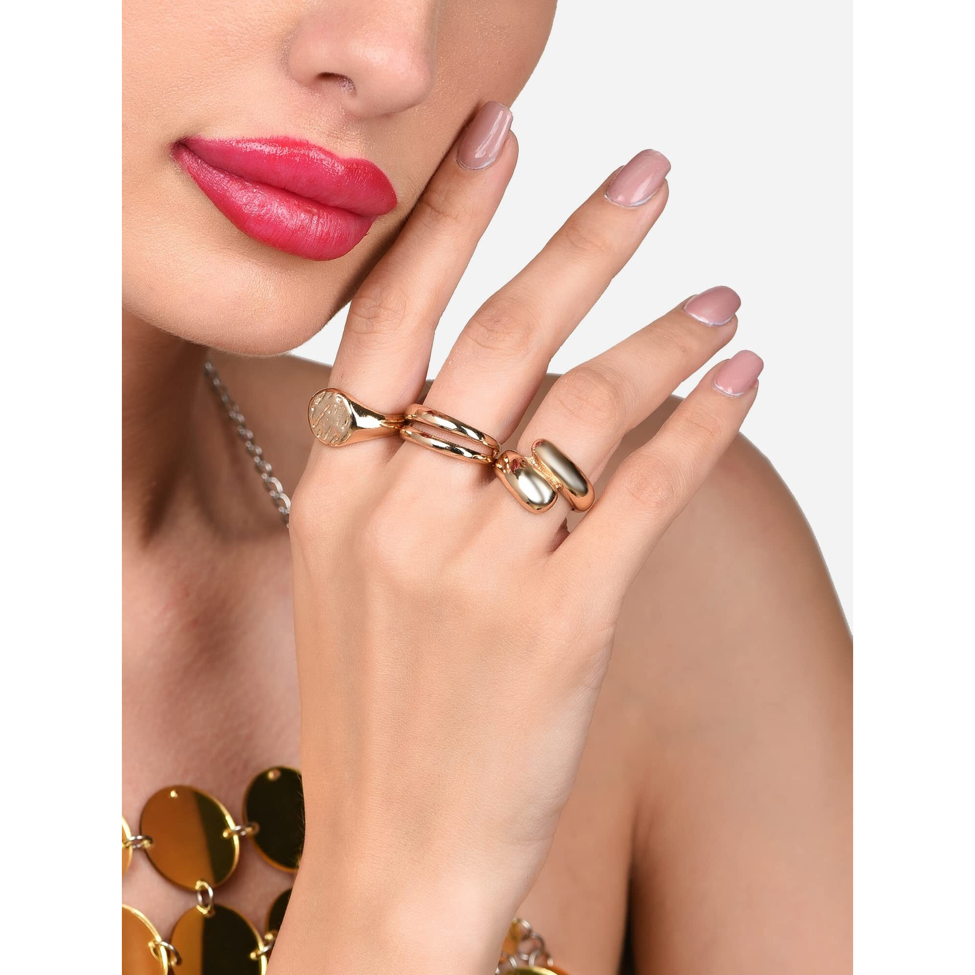 ZAVERI PEARLS Set of 3 Gold Tone Bold Statement Finger Rings For Women-ZPFK15952