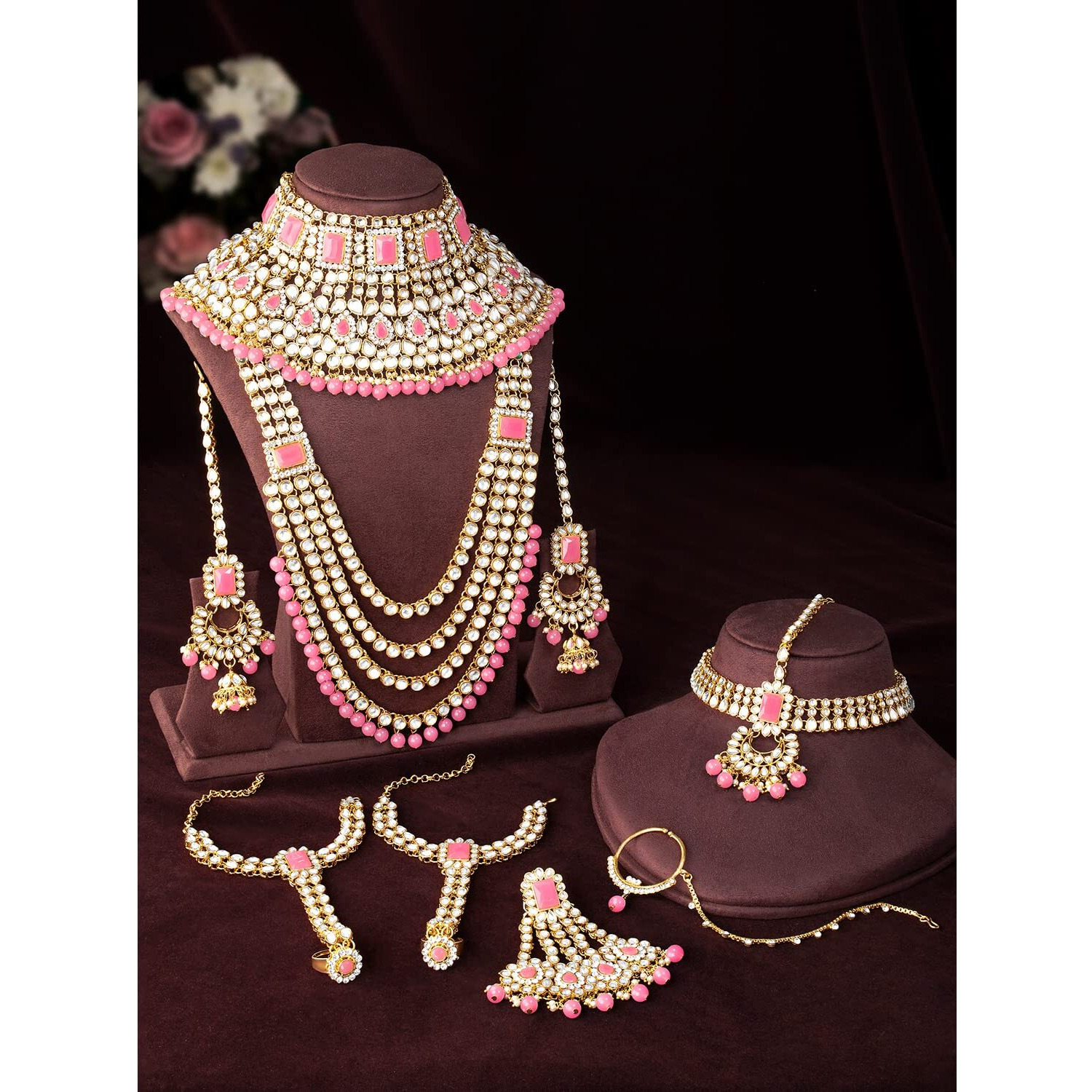 Peora Ethnic Traditional Gold Plated Kundan Dulhan Bridal Jewellery Set with Choker Earrings Maang Tikka Hathphool for Women Girls