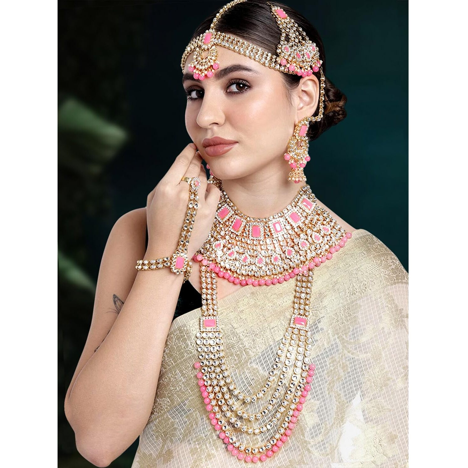 Peora Ethnic Traditional Gold Plated Kundan Dulhan Bridal Jewellery Set with Choker Earrings Maang Tikka Hathphool for Women Girls