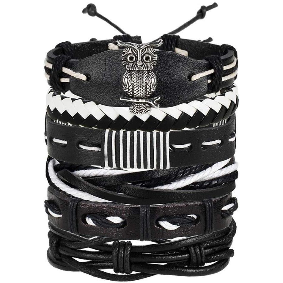 Shining Diva Fashion Black Leather Stylish Boyfriend Multi Strand Bracelet for Men - Set of 6 (9890b)