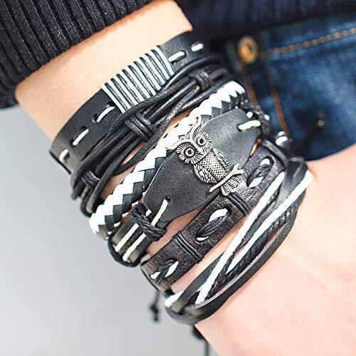 Shining Diva Fashion Black Leather Stylish Boyfriend Multi Strand Bracelet for Men - Set of 6 (9890b)