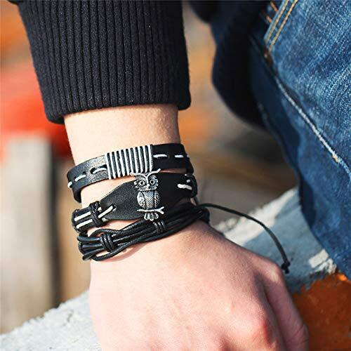 Shining Diva Fashion Black Leather Stylish Boyfriend Multi Strand Bracelet for Men - Set of 6 (9890b)