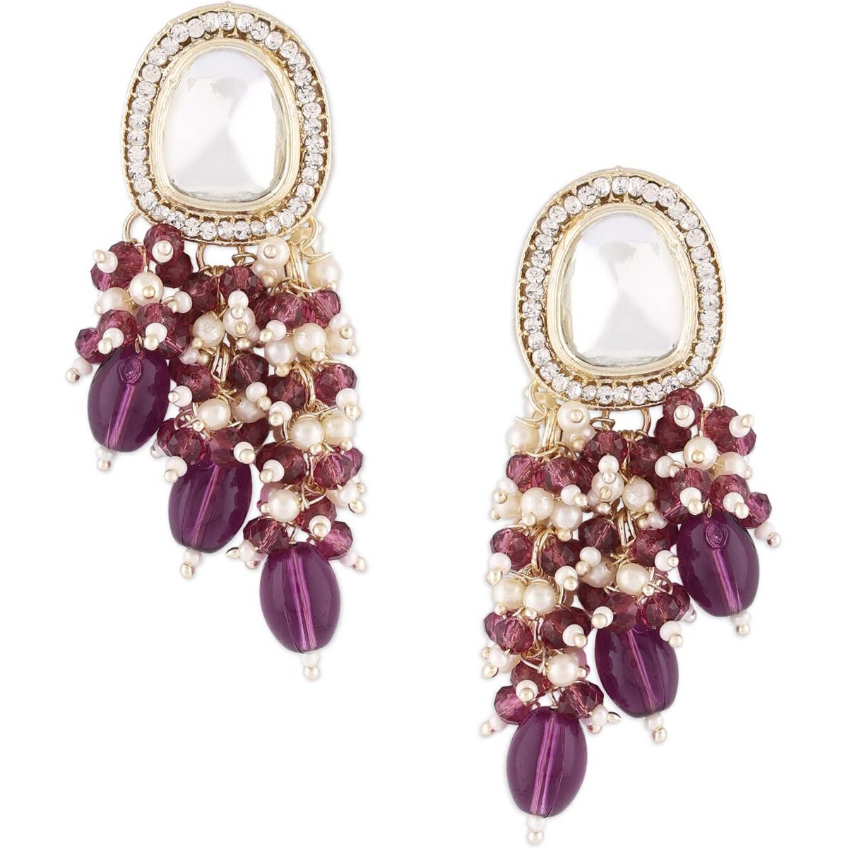 Zaveri Pearls Purple Cluster Beads Embellished Kundan Traditional Yellow Gold Drop Earring For Women-ZPFK15637
