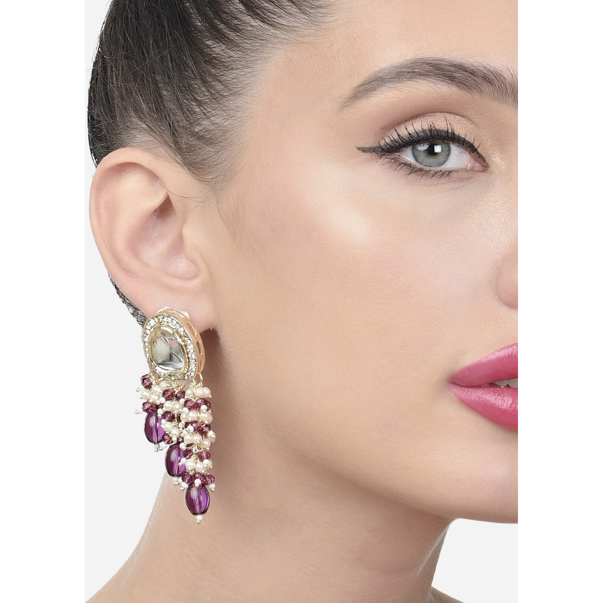 Zaveri Pearls Purple Cluster Beads Embellished Kundan Traditional Yellow Gold Drop Earring For Women-ZPFK15637
